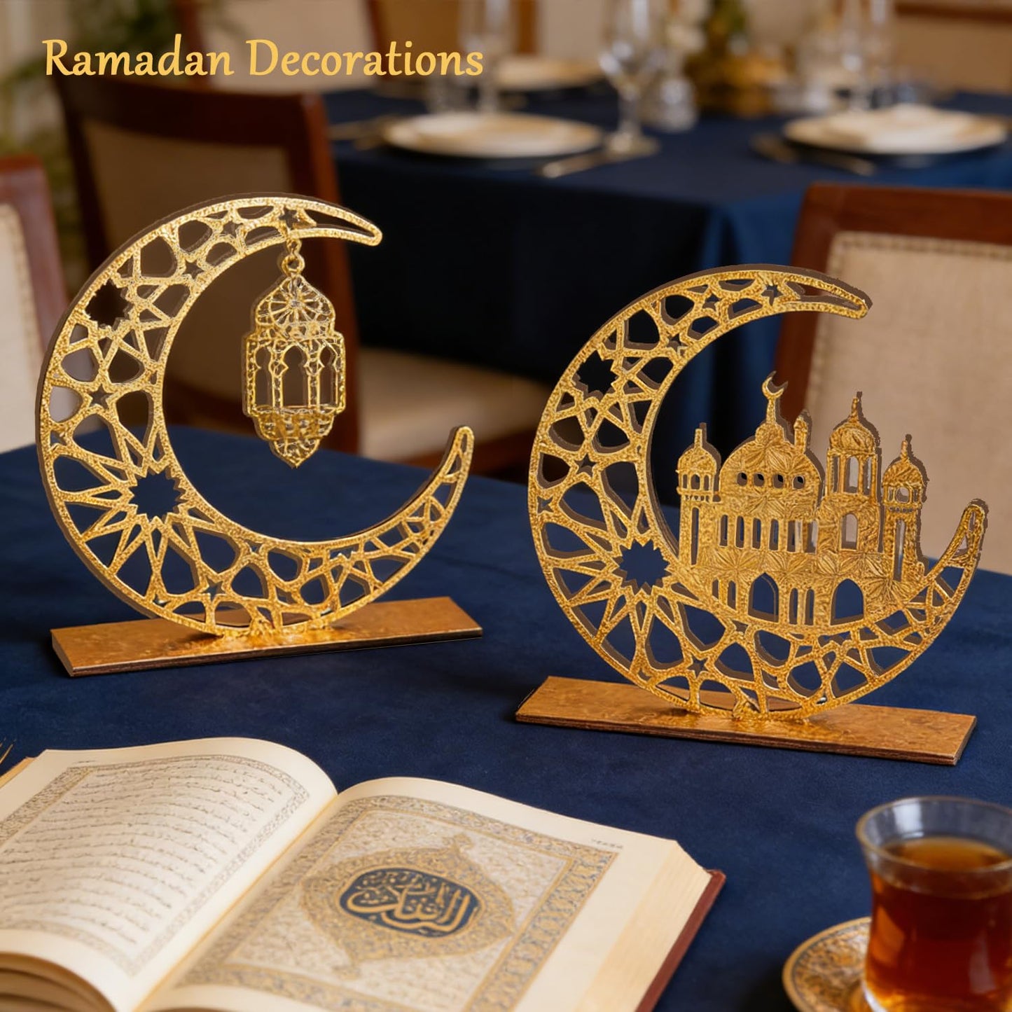 Ramadan Eid Decorations, 2 Pieces Wood Eid Decorations for Home, Gold Islamic Crescent Moon & Mosque Table Sign, Eid Mubarak Kareem Home Decor Art Craft for Muslim, Eid Centerpieces Decor