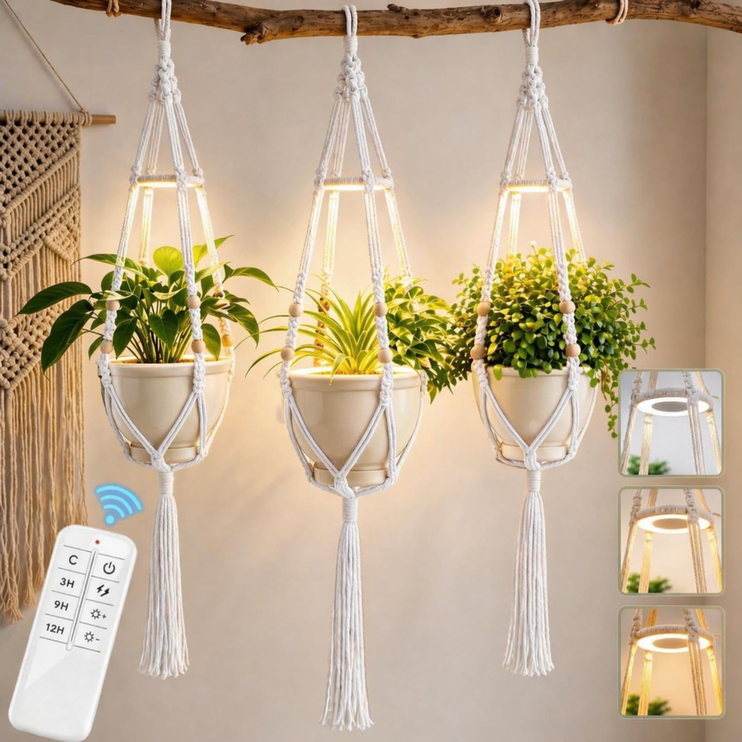 Huquary 3 Pack Macrame Plant Hanger with Grow Light Hanging Boho Planter Basket Flower Holder and Hanging Remote Grow Lights for Indoor Plants Suitable for Different Size Pots(White)