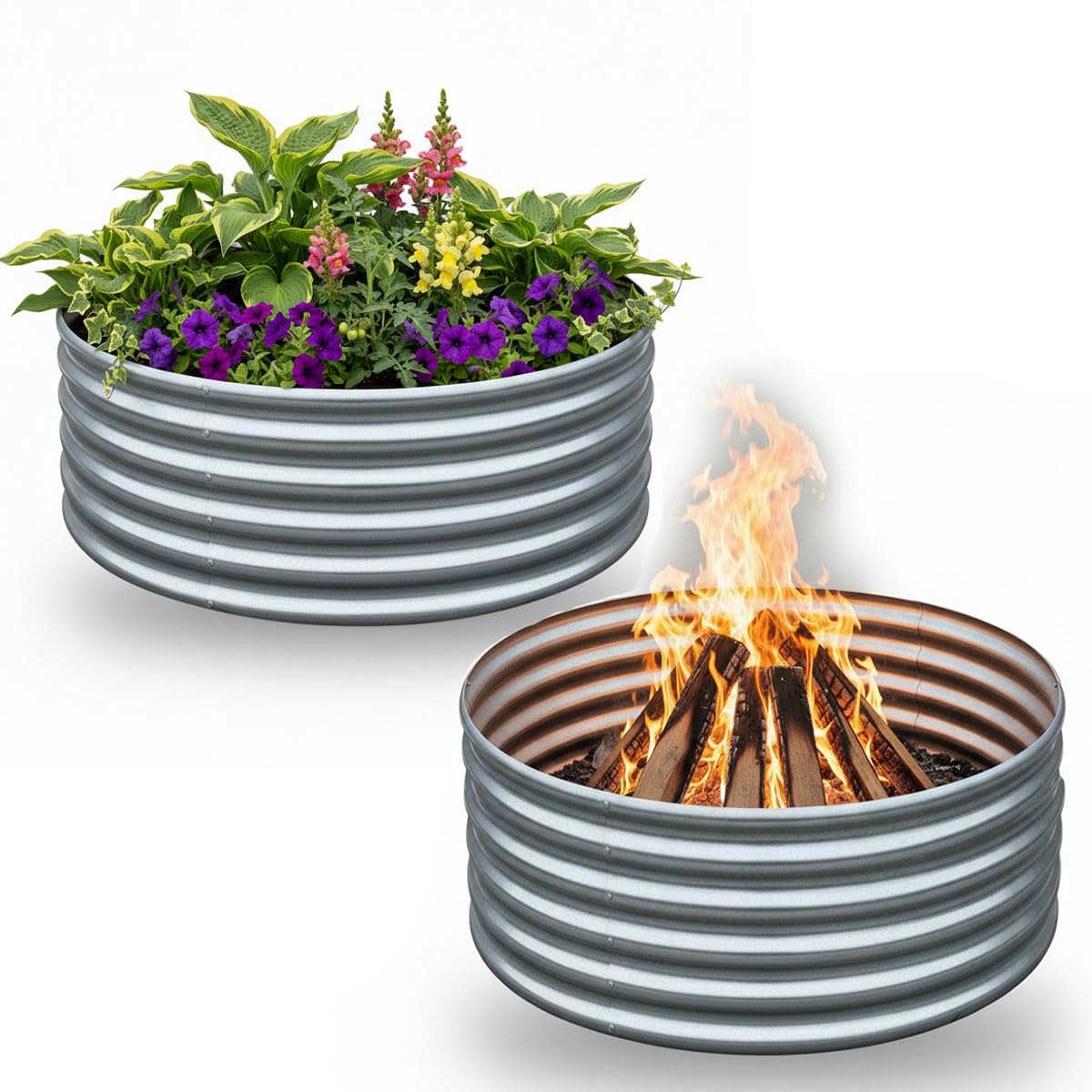 2Pcs 3X3X1.5 Ft Round Galvanized Raised Garden Bed Kit, Silver Outdoor Planter Garden Bed, Metal Raised Box for Fruits, Vegetables and Herb, Fire Pit Rings