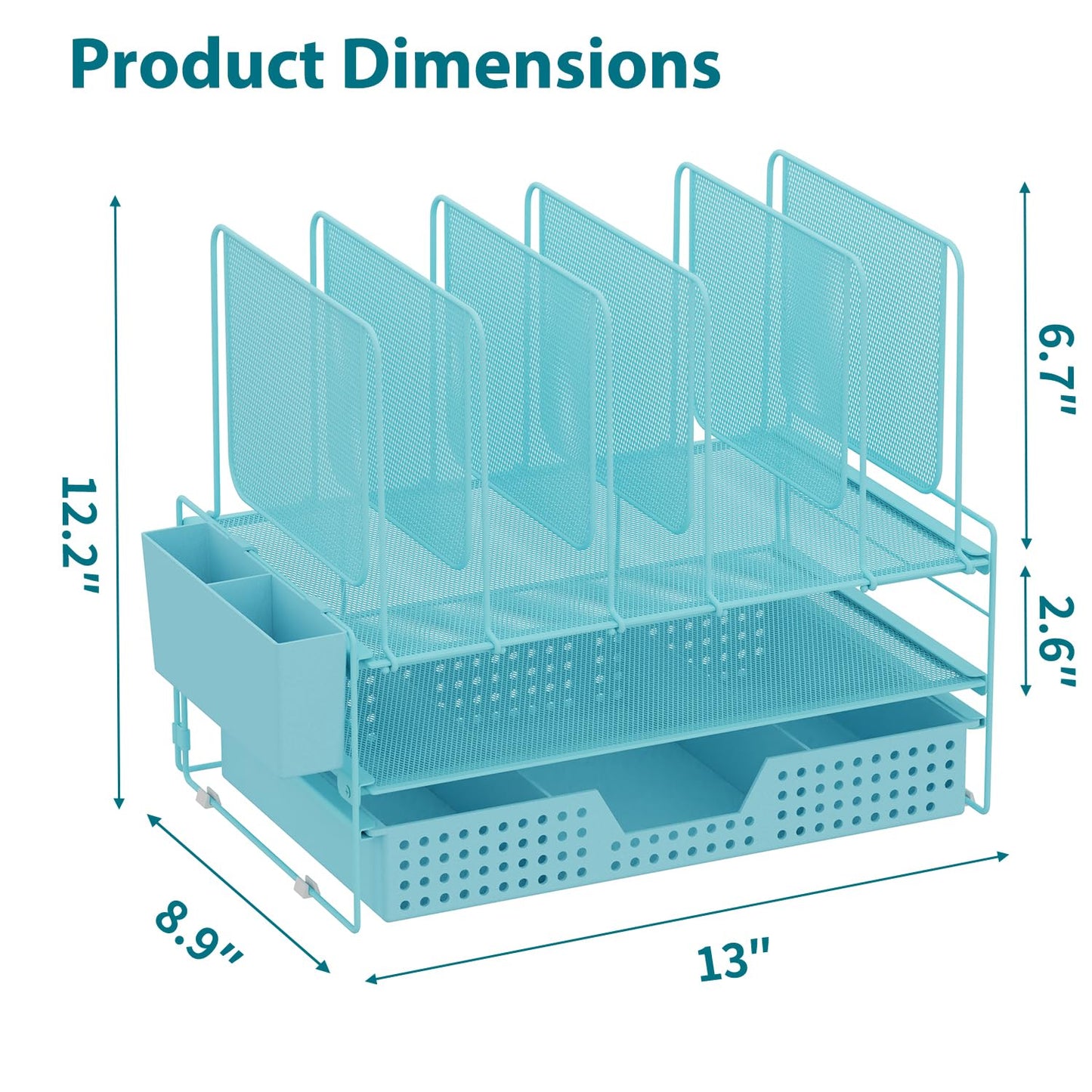 LEKETREE Teal Desk Organizer, Office Organization with Vertical File Holder, File Organizer with Drawer and Pen Holder, Desk Accessories and Workspace Organizers for Home Office (Sky Blue)