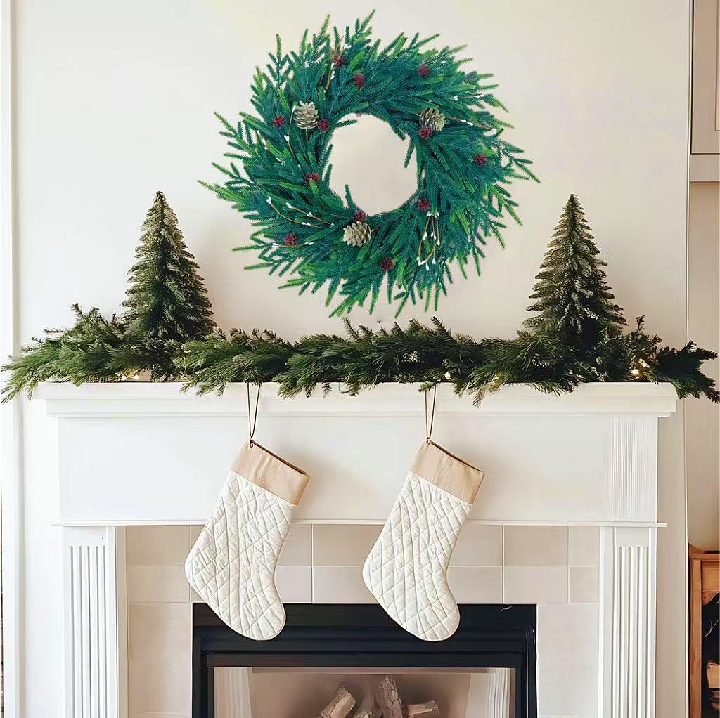 20 Inch Christmas Wreath for Front Door, Artificial Realistic Green Pine with Gold Pinecone, Door Wall Window Fireplace Party Decor