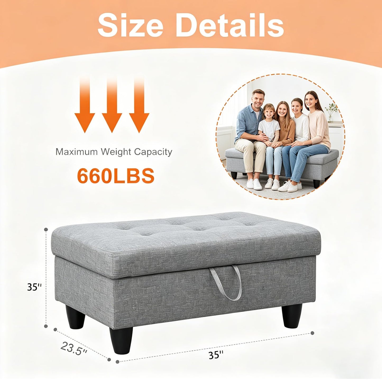 Asevlge 35" Storage Ottoman with Storage for Bedroom, Solid Wood End of Bed Bench, 660lbs Capacity Heavy Duty Foot Rest Stool, Grey Linen with Double Layer Springs