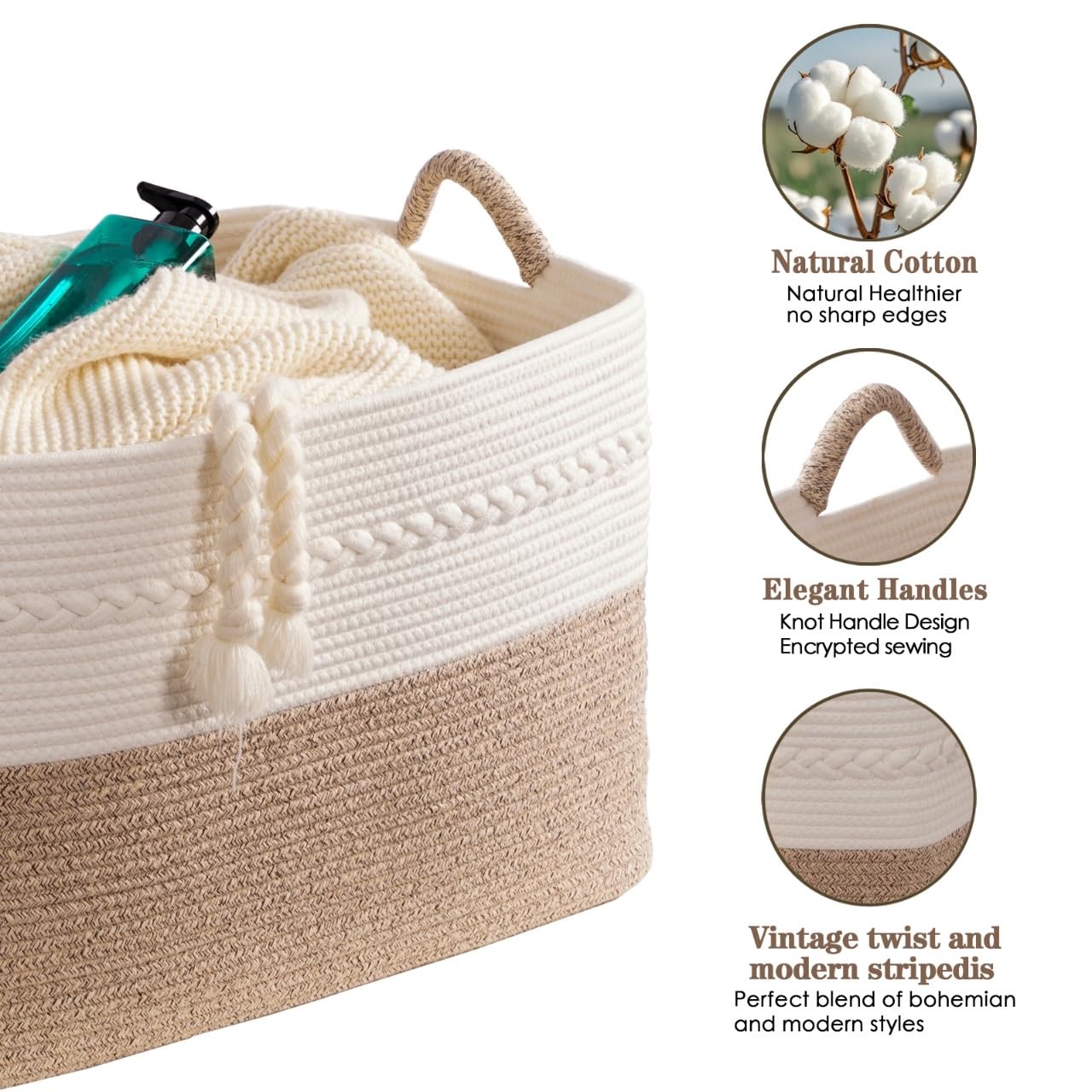 Decorative laundry basket with handles woven from natural cotton rope storage blankets for living room cute boho quilted gift baskets for clothes pillows toys 20"x14"x10",white/brown