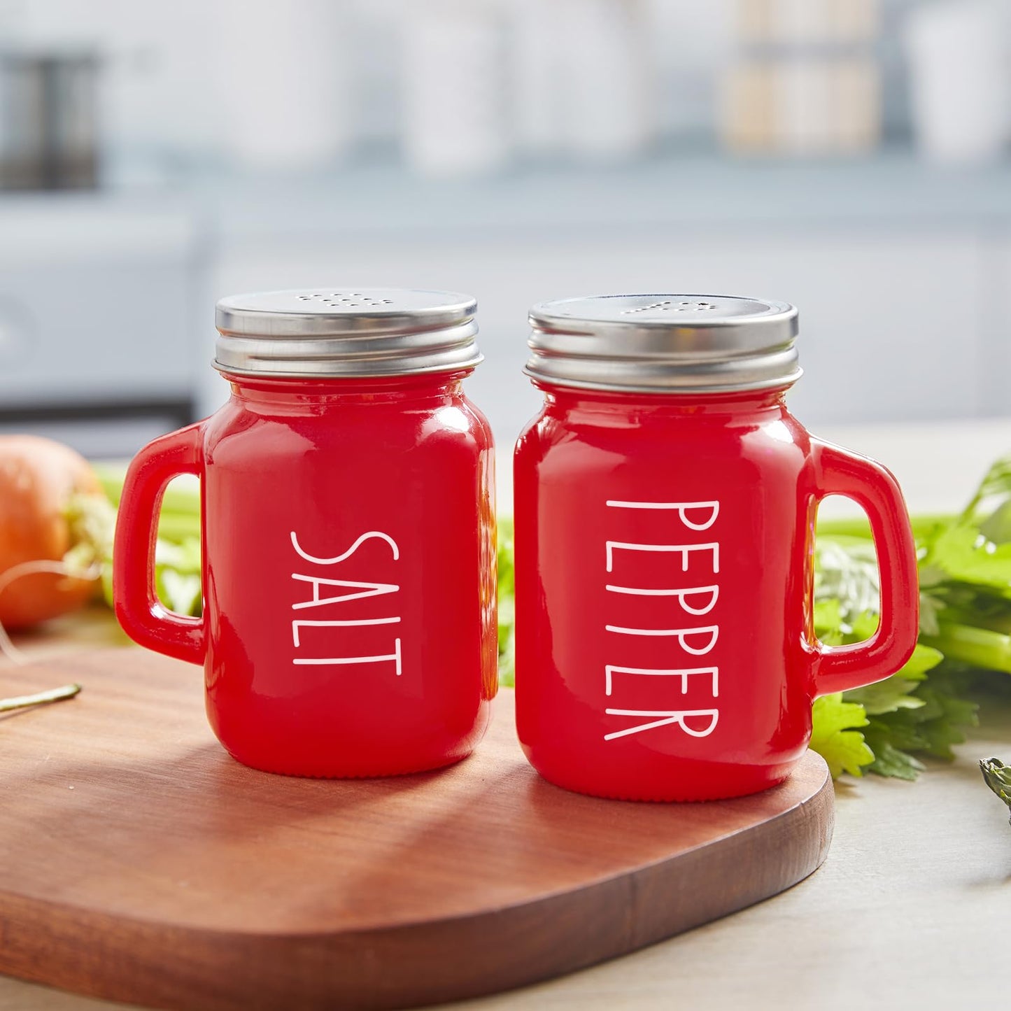 Red Salt and Pepper Shakers Set, ZOSUJO 4 oz Cute Modern Glass Christmas Red Shaker Sets with Stainless Steel Lids, Red Kitchen Decor and Accessories for Home Restaurants Weddings