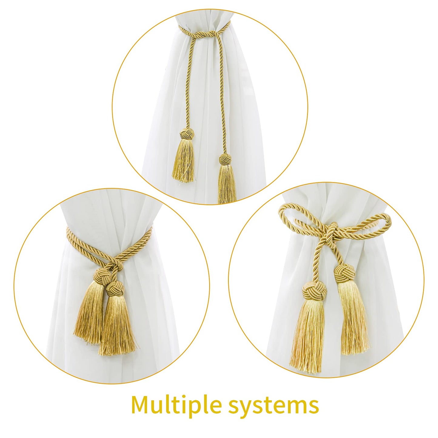 4 Pack Curtain Tiebacks Window Curtain Tiebacks Decorative Tassels Tieback Gold Rope with Tassels for Home Window Office Decoration(Gold)