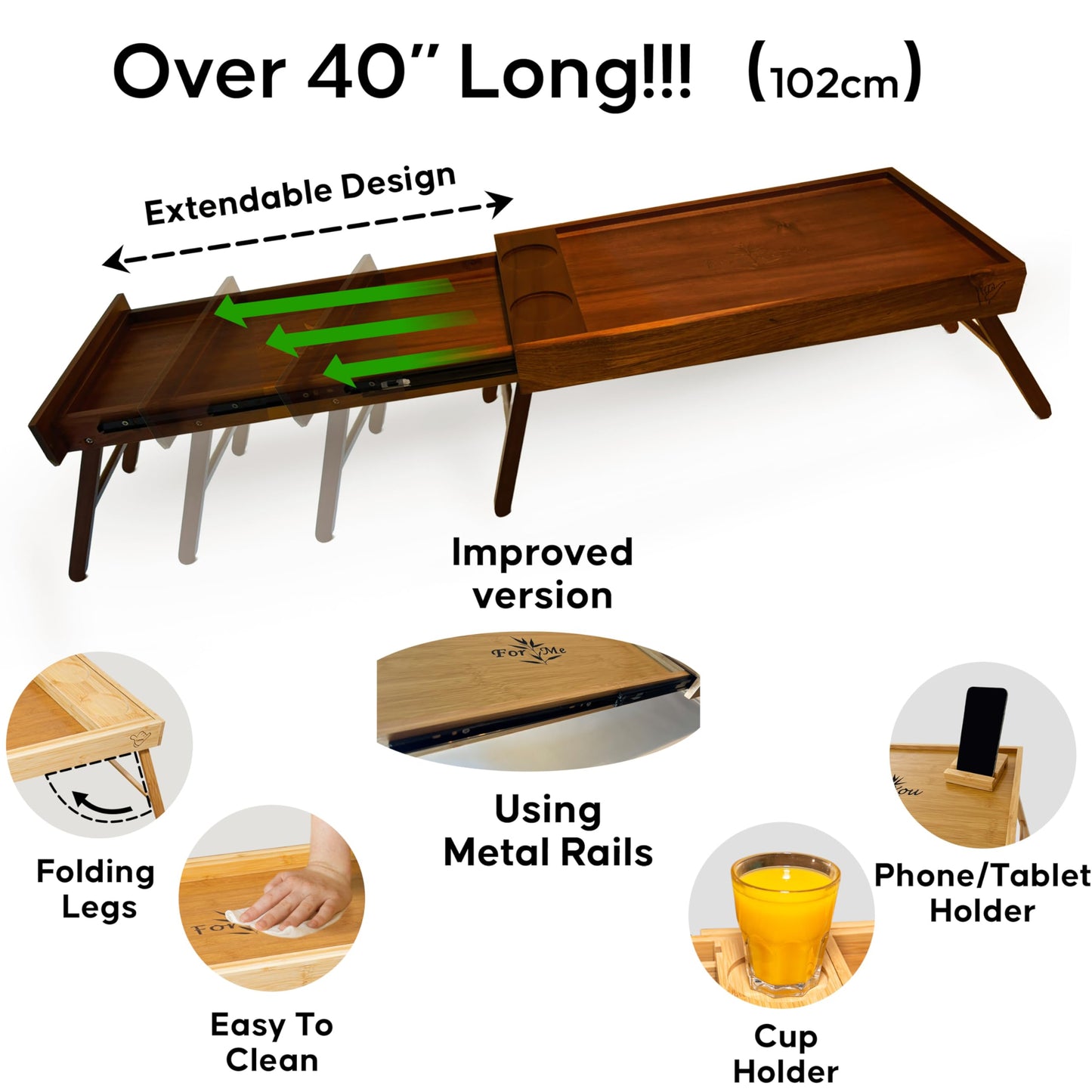 Shaka4Tommy Breakfast Bed Table Tray for Two - One Piece, Dual Use Couple Bed Tray with Cup recesses - Food Trays for Eating on Couch, Space Saving Breakfast Table - Gift Ready - Bamboo Wood