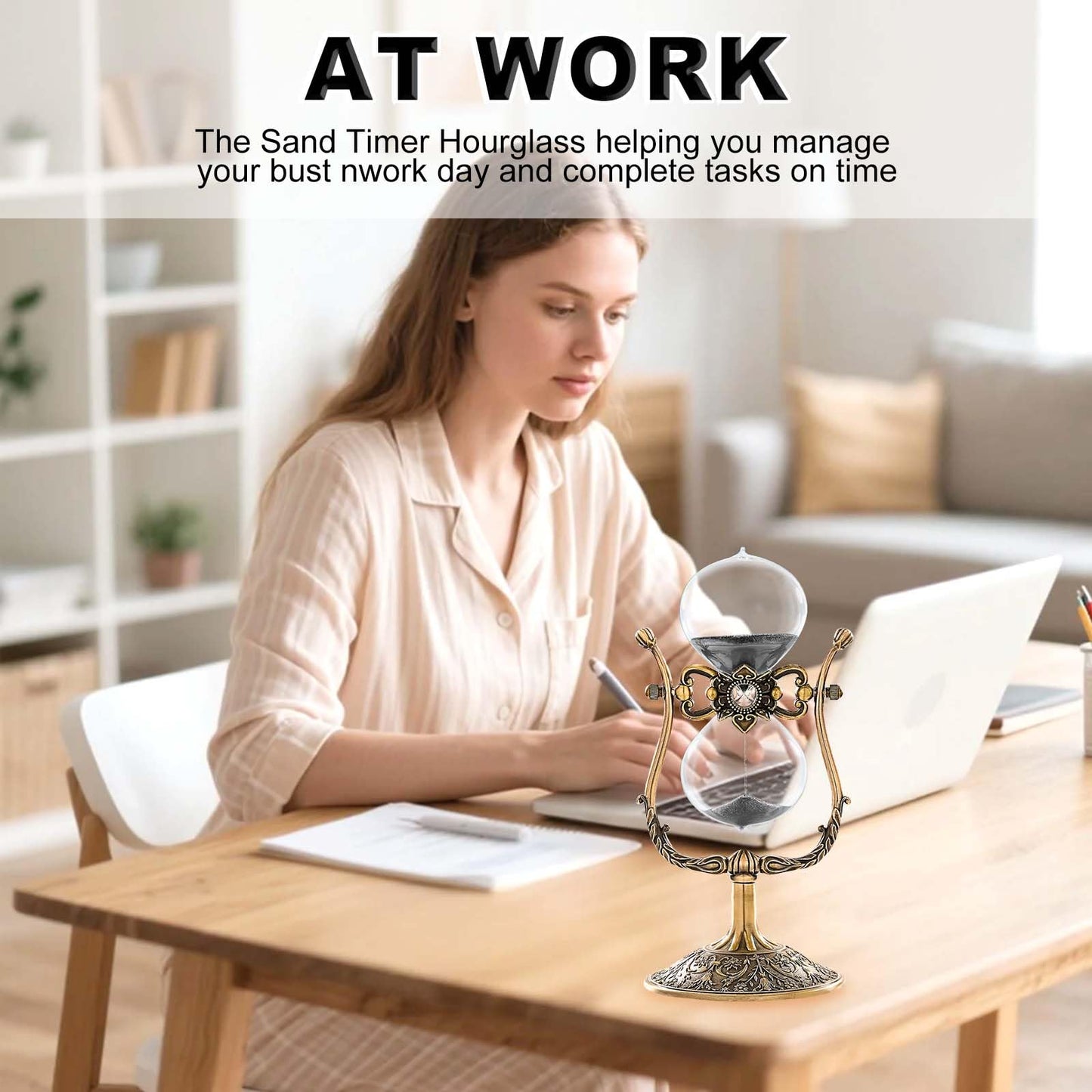 Vintage Engraving 30 Minute Hourglass, Rotating Sand Timer Clock, Unique Metal Sand Watch 30 Min, Antique Brass Hour Glass Sandglass for Home, Desk, Office(Black)