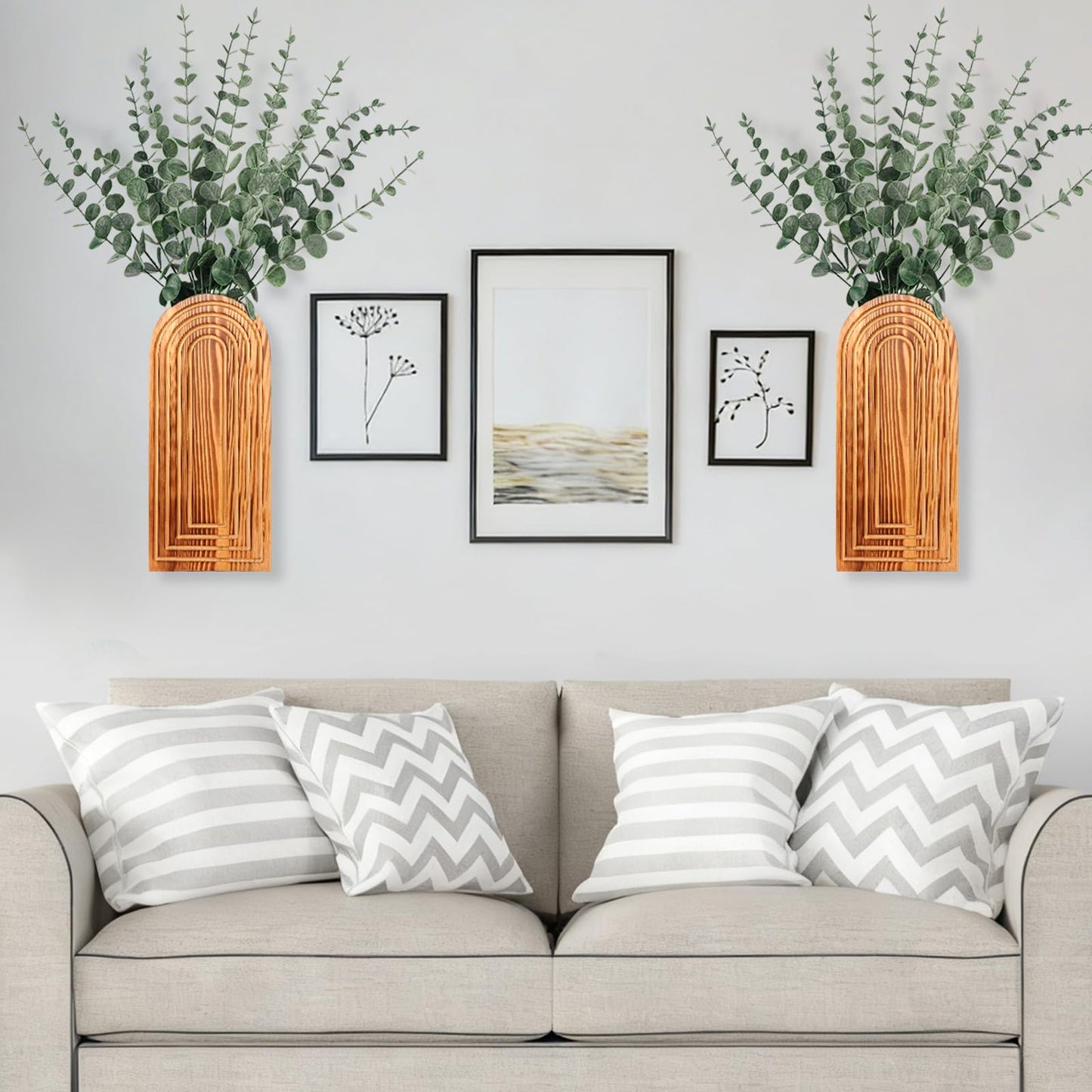 2 Pack Wood Wall Planter Vase Set with Artificial Eucalyptus,Wooden Wall Vase Modern Hanging Planters Boho Wall Mounted Indoor Planter Stand Holder for Living Room,Entryway,Hallway Decor(Light Brown)