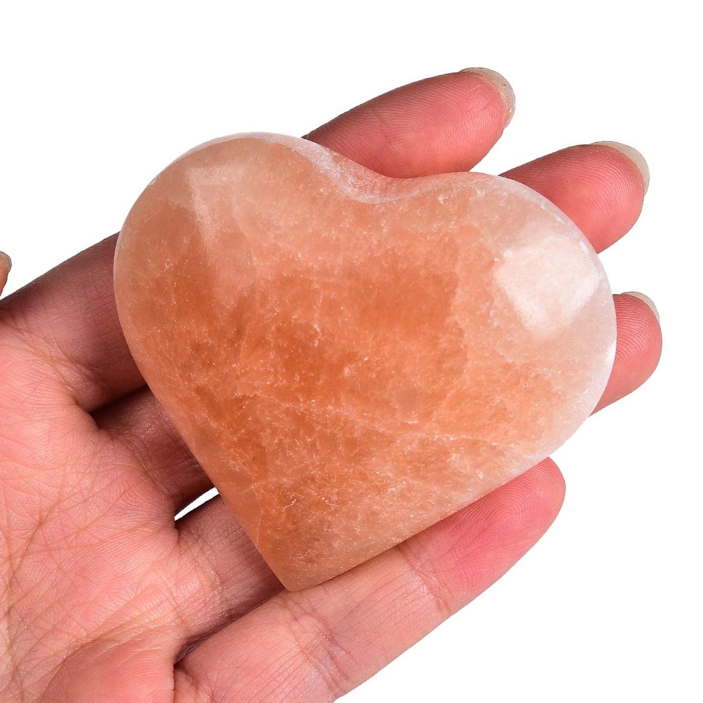 JIC Gem 2 Inch(60mm) Orange Selenite Crystal Stone Heart Palm Worry Stone Healing Crystals Gemstone with Free Display Holder and Gift Box Home Decoration
