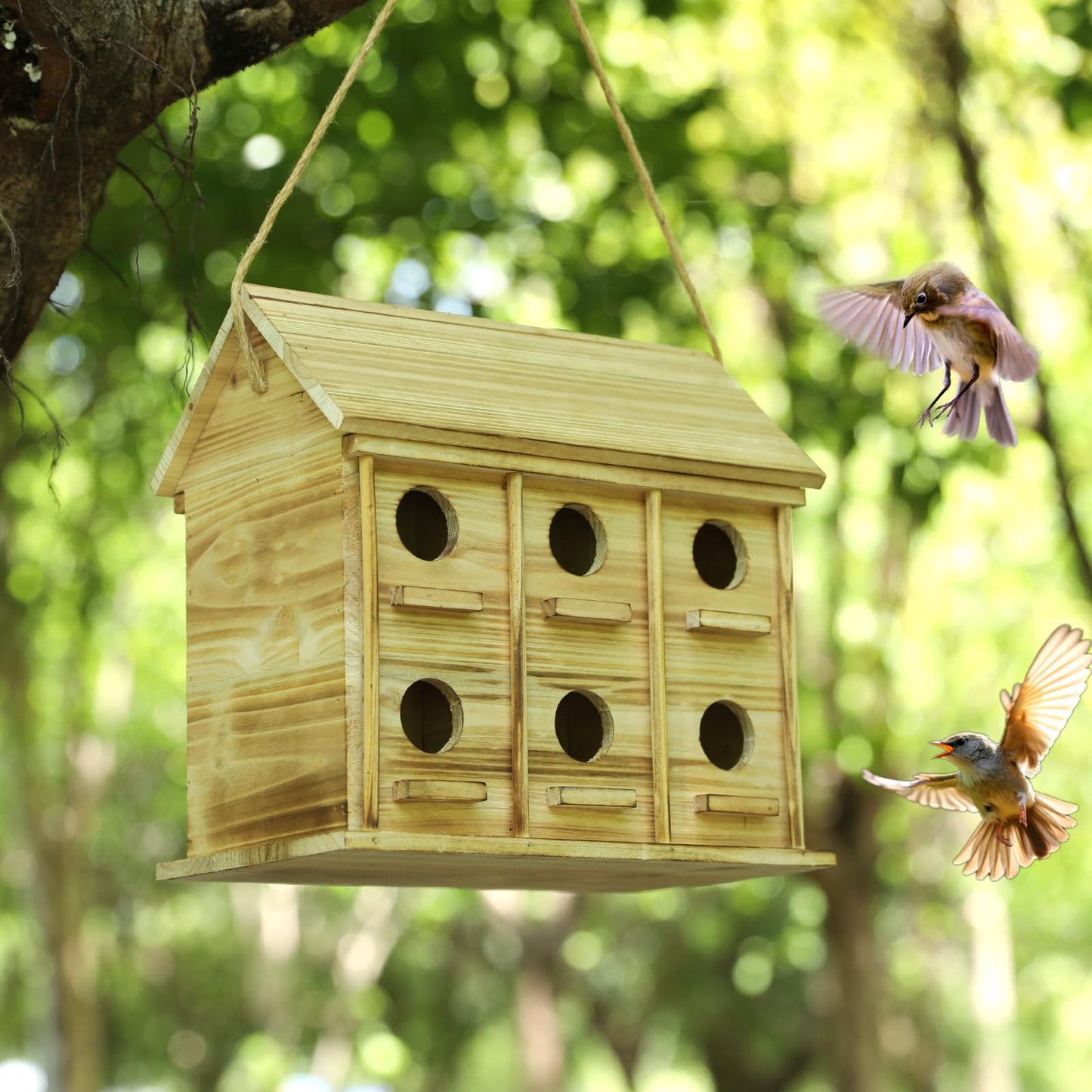 Bird Houses for Outside, 12 Hole Wooden Bird House for 12 Bird Families, Large Hanging Birdhouse Nesting Box for Wren Finch Bluebirds, Outdoor Garden Bird Hotel
