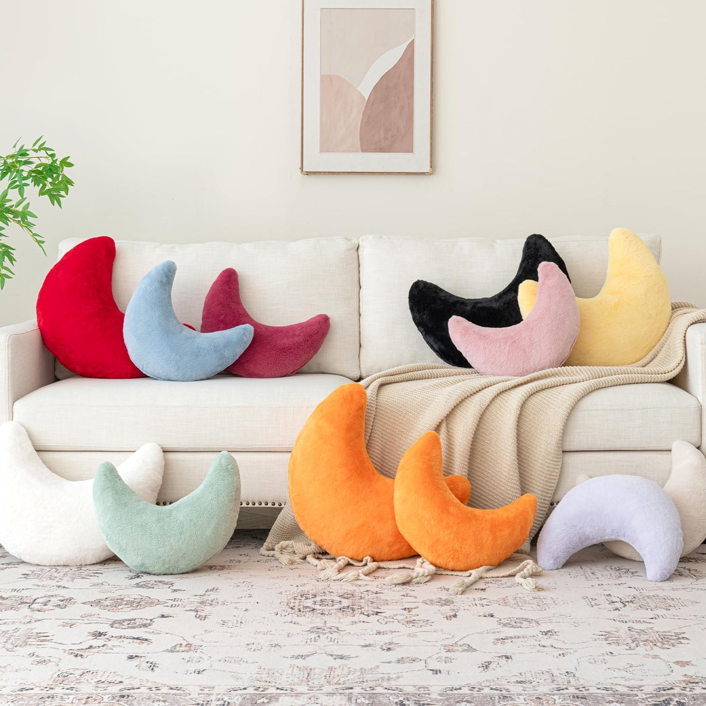 Znhinery Moon Pillow, Decorative Throw Pillows with Soft Faux Rabbit for Bed Couch, Moon Shaped Pillows Plush Floor Cushions Room Decor Pillow for Sofa Bedroom Living Room
