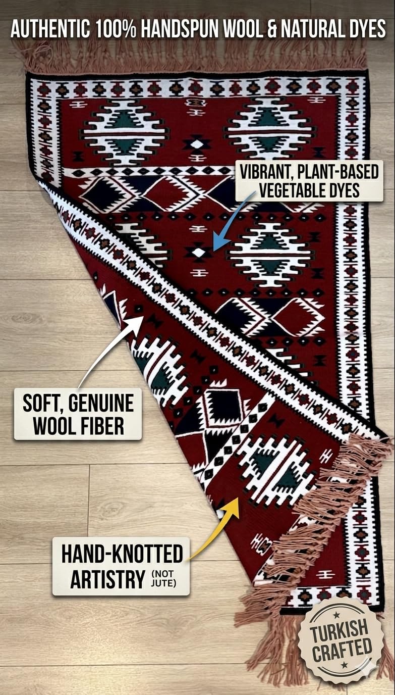 Handmade Turkish Area Rug(YORUK Kilim) - 100% Wool - 3x5 ft (32x56 in) Small Area Rug - Deep Red Burgundy, Traditional Diamond Pattern, Cozy Boho Decor for Living Room, Fireplace, or Bedroom