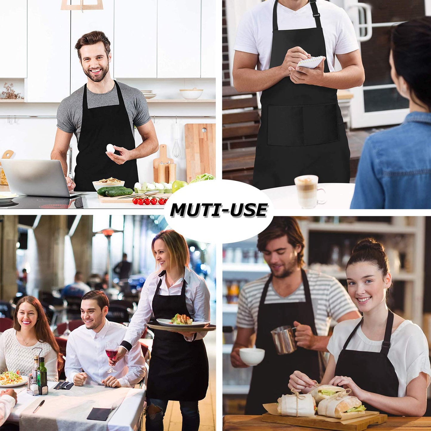 loteaf 4 Packs Chef Apron, Black Waterproof Apron, Adjustable Aprons with 2 Pockets for Men Women, Professional Aprons for Kitchen Cooking Gardening Painting Baking Restaurant (Black)