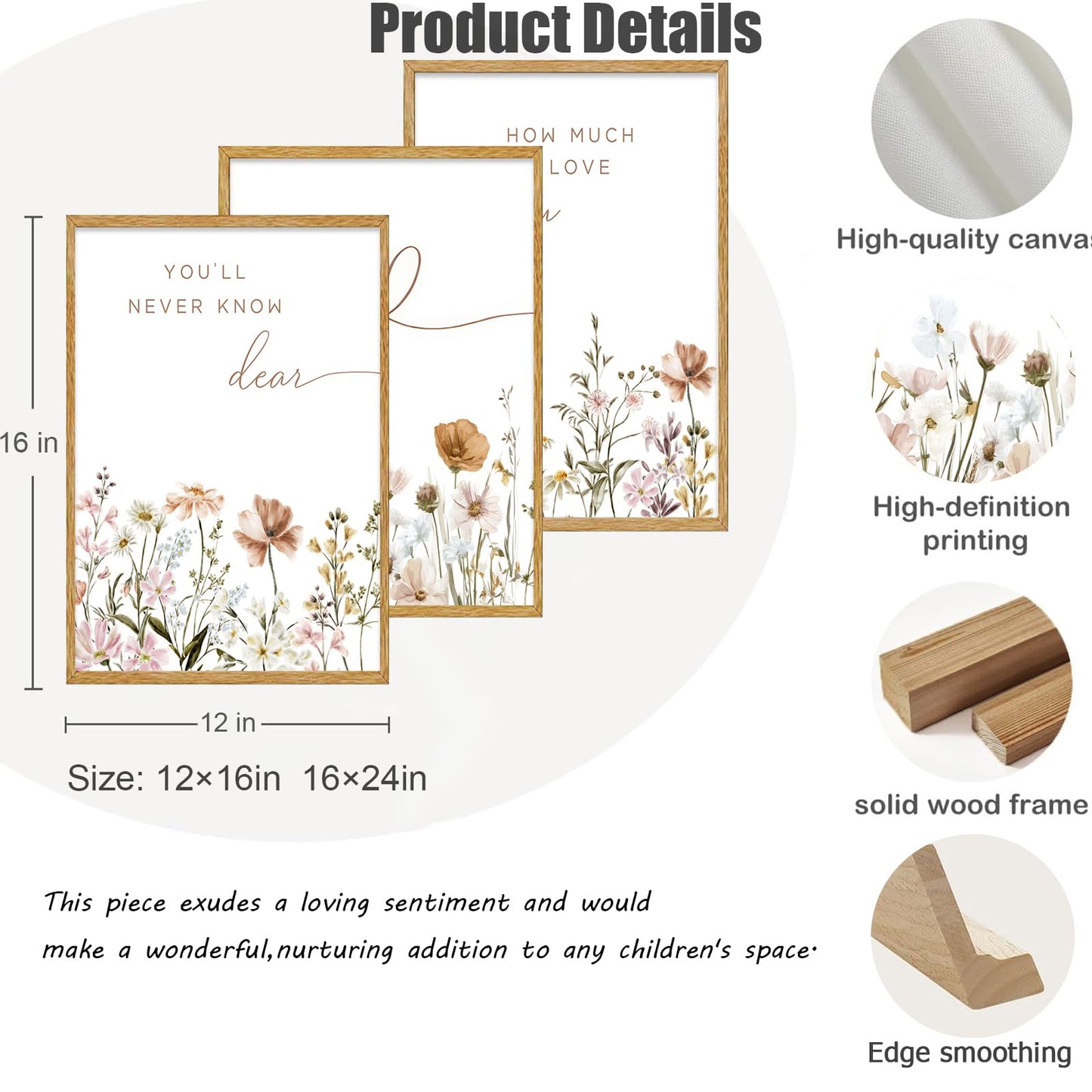 3Pcs Framed Boho Nursery Wall Art Flower Botanical Sentence Painting Picture Wall Decor Wildflower Children's Room Poster Print Artwork for Nursery Baby Room Living Room Bedroom Home Decoration