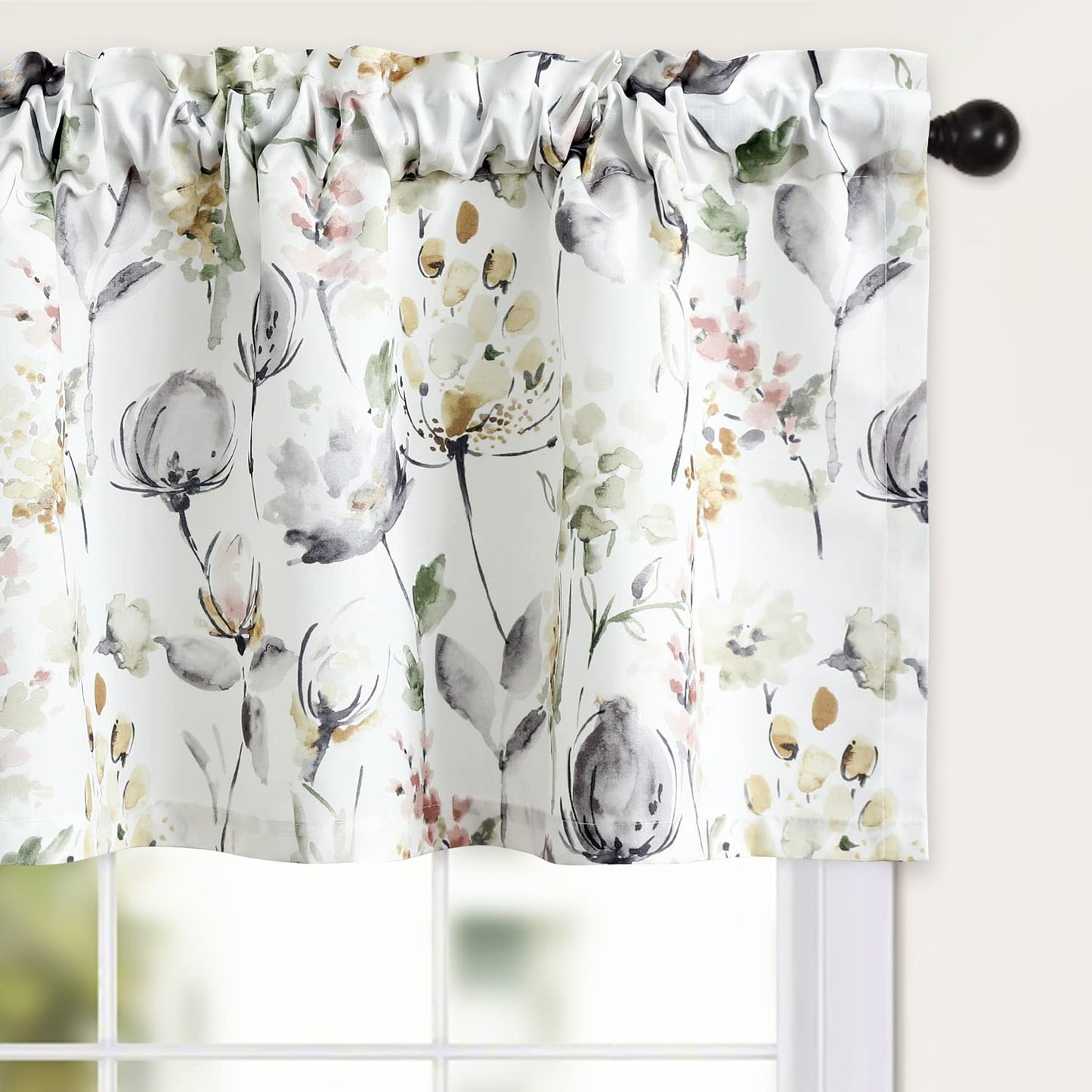 Leeva Watercolor Floral Valance Curtains, Rod Pocket Short Curtain Window Valances for Living Room, 52 x 18 inch, Brown and Grey, 1 Pack