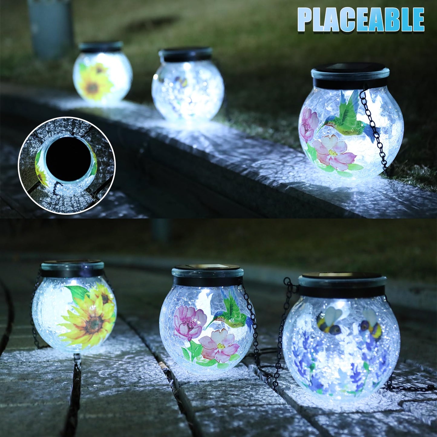 Solar Hanging Lanterns Outdoor Waterproof, 3 Pack Crackle Glass Globe Solar Lights Garden Decor Light for Patio Backyard Pathway Porch Gifts for Women Mom Grandma