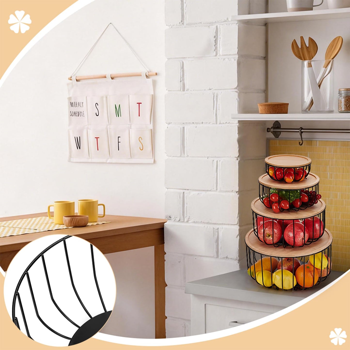 INTERWARM 4Pcs Fruit Basket for Kitchen Counter Set, 4 Size Round Fruit Basket with Wooden Lid Countertop Bin for Produce Fruits Lemon Banana Candy Snack in Office(Black)