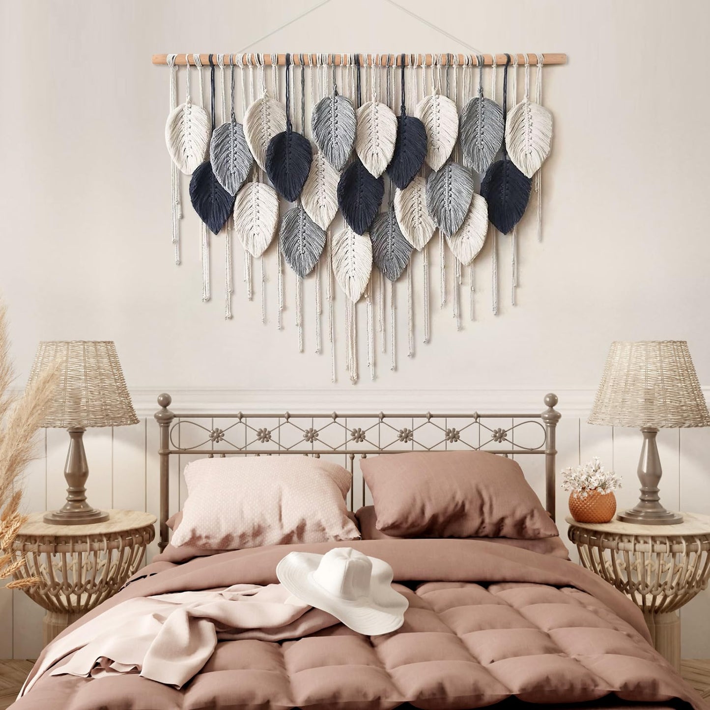 Weldomcor Macrame Wall Hanging Leaf Woven Tapestry Bohemian Chic Wall Hanging Feather Large Handmade Wall Art Decor for Bedroom Living Room Apartment Ornament, 39 inch