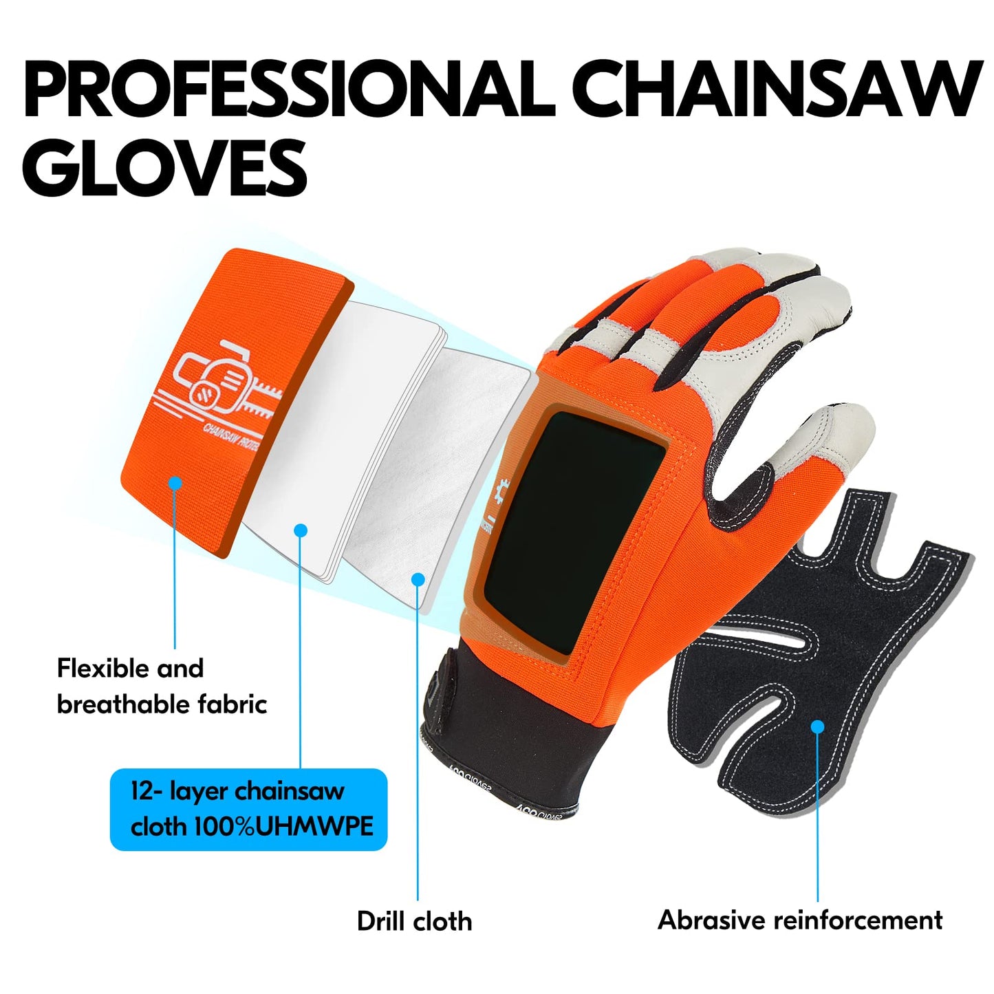 Vgo... Chainsaw 12-Layer Saw Protection on Both Hands Cow Leather Gloves (1 Pair,Size L, Orange, CA9760)