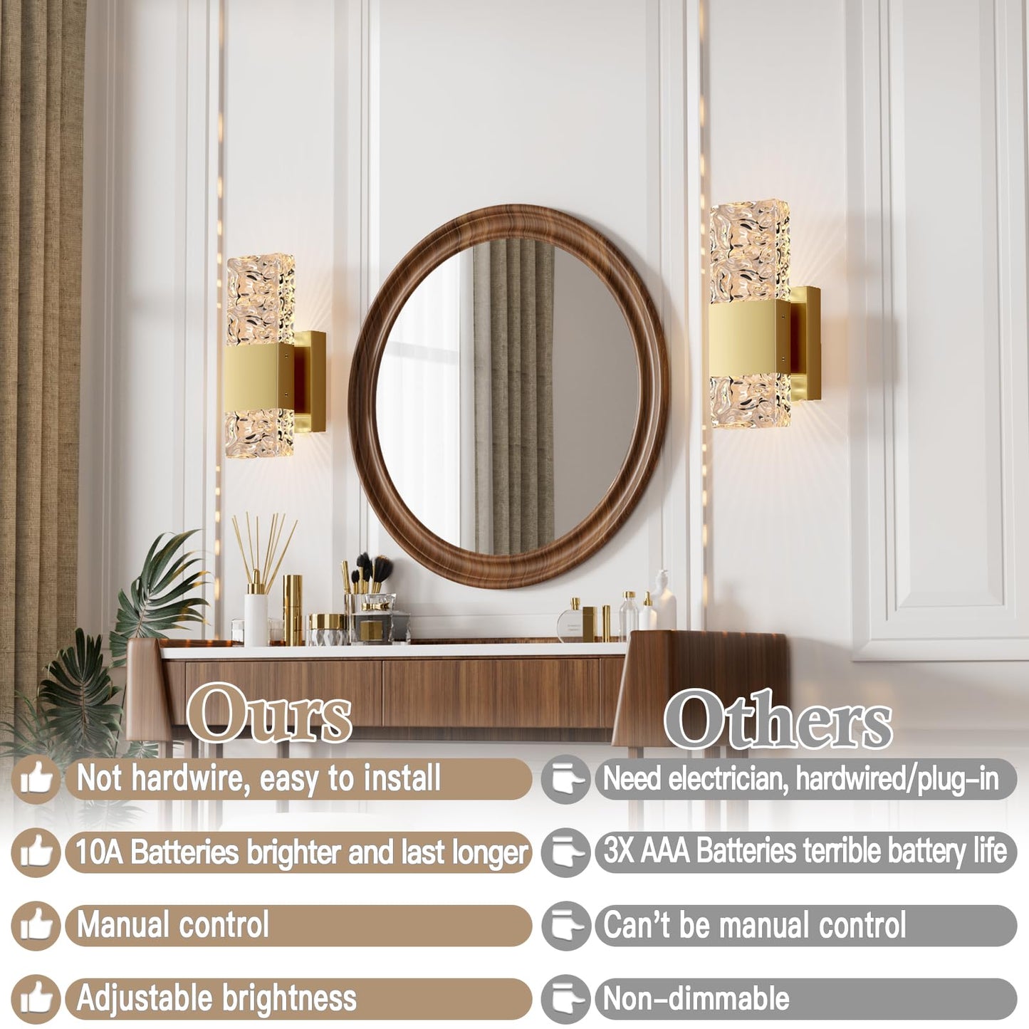 camuucci Battery Operated Wall Sconce Rechargeable Battery Powered 12000mAh Wall Light Indoor Not Hardwired Wall Lamp Fixtures for Bedroom Living Room 2Pack