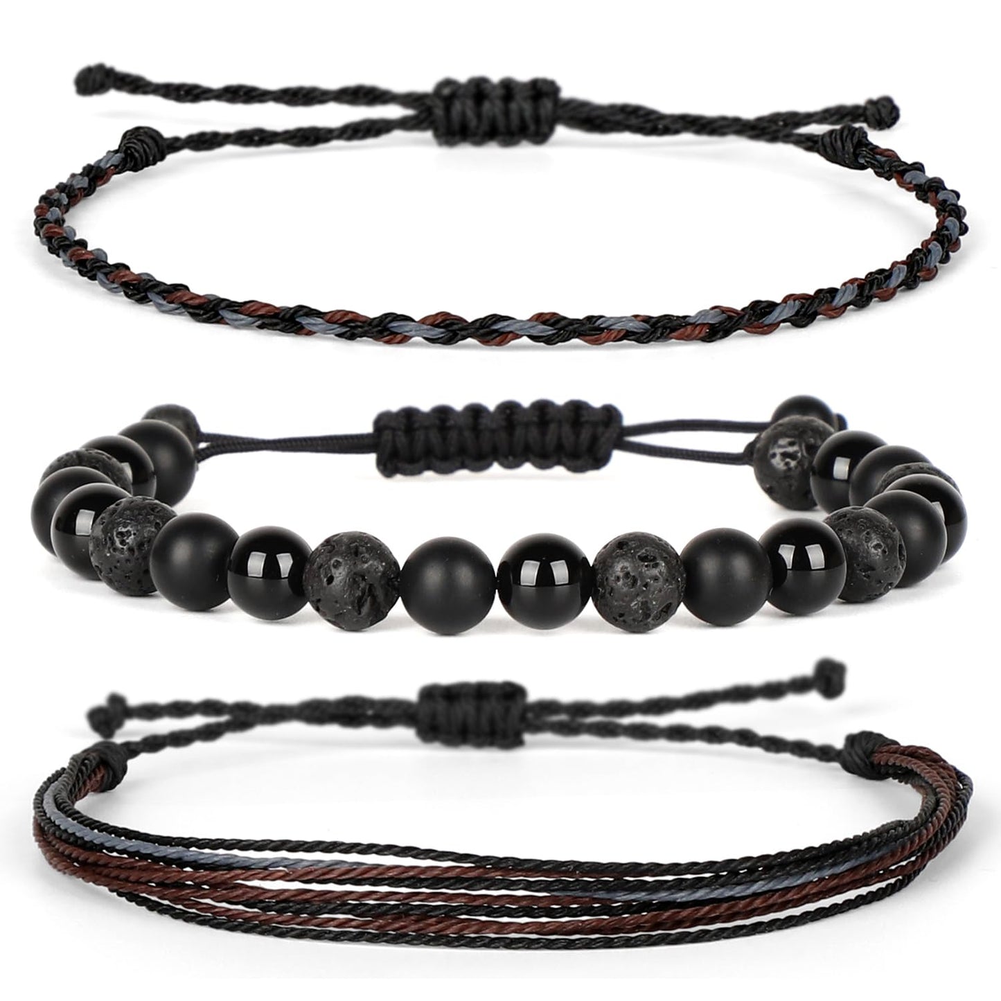 QOGIR Handmade Healing Bracelets,8mm Natural Black Onyx Black Lava Beaded Bracelet,for Men Women Gifts with 2PCS Size Adjustable Rope Bracelets