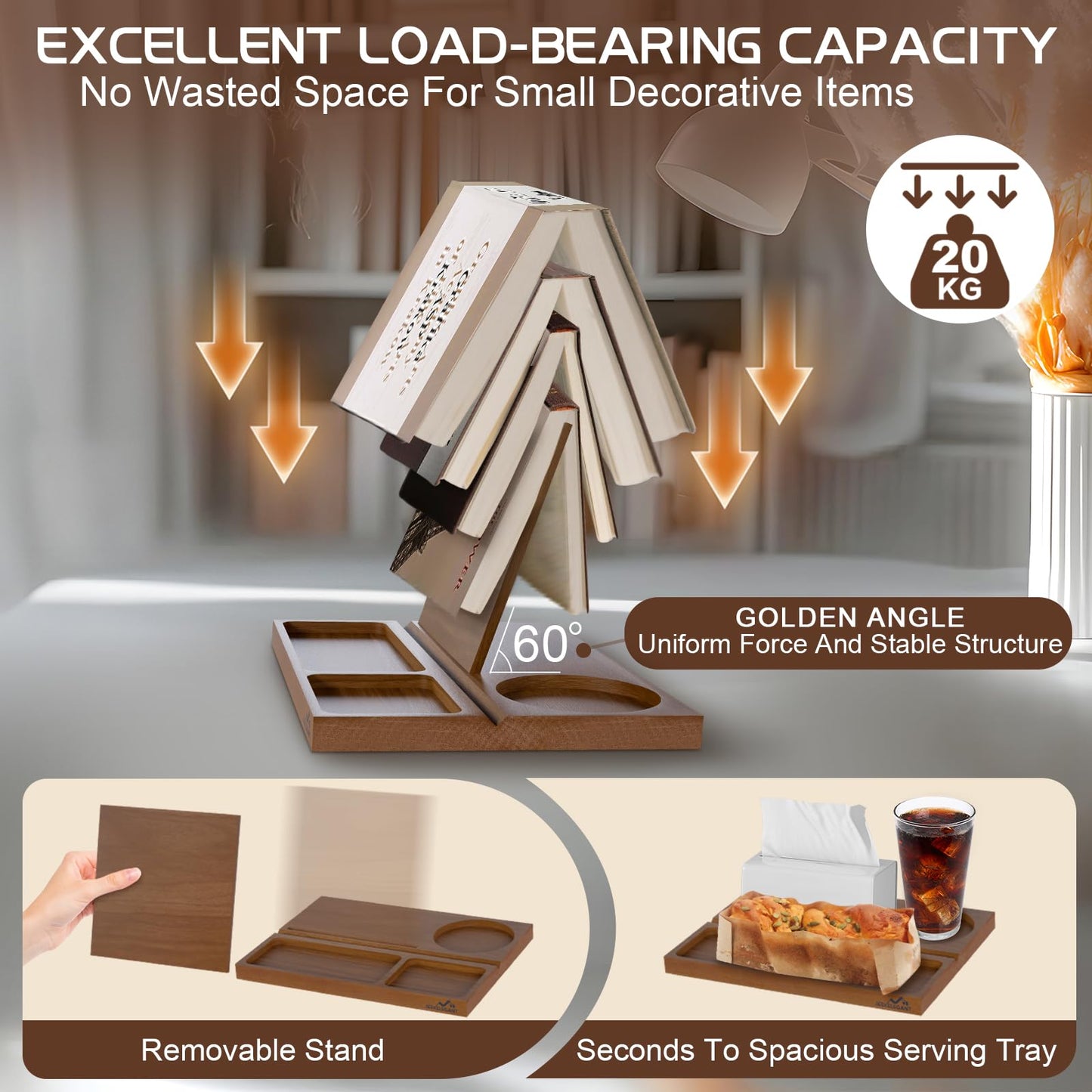Acacia Book Nook Reading Valet Stand, Wooden Book Stand for Reading Rest, Triangle Books Holder with Cup, Pen, Phone & Earphone Holder, for Nightstand Bedside Desk Library and Book Lover Gifts