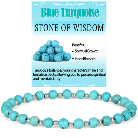 QOGIR Blue Turquoise - Stone of Wisdom - Stainless Silver Beads Natural Gemstone Stretch Elastic Dainty Healing Beaded Bracelets Gifts 4mm