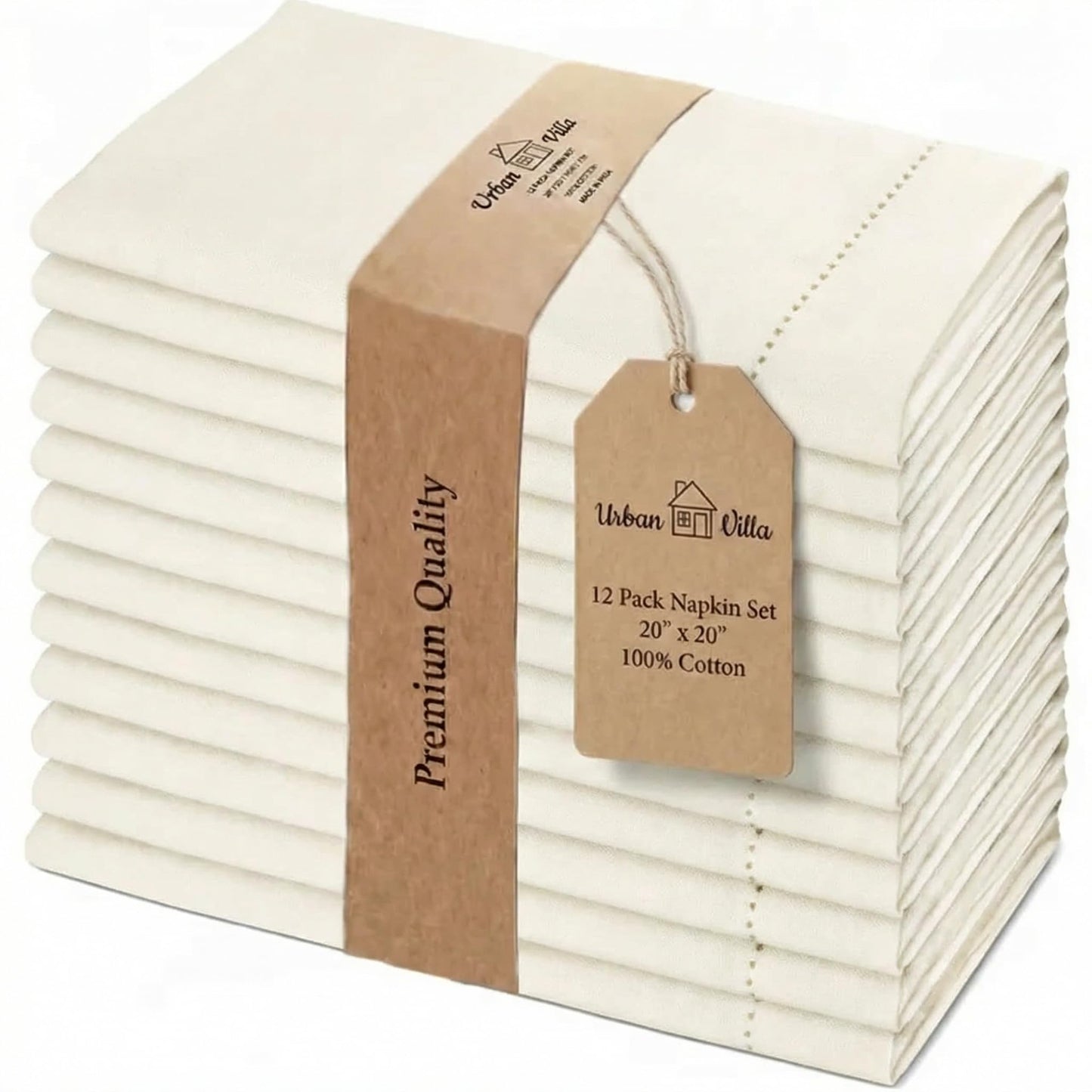 Urban Villa Cloth Napkins 100% Cotton Highly Absorbent Washable Reusable Premium Dinner Napkins Ideal for Gifts for Mothers Day Hotel Farmhouse Parties - Ivory Hemstitch (20" x 20", Set of 12)