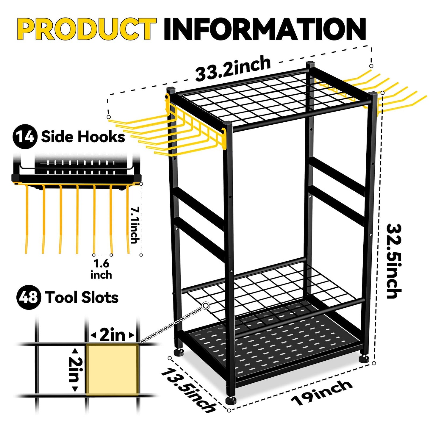 BlumeTrec Garden Tool Organizer, Up 48 Long Handle Tool, Garage Storage and Organization with Side Hook for Broom/Rake/Shovel/T-Handle Tool, Heavy Duty Steel Outdoor Tool Rack,Yard Tool Stand for Shed