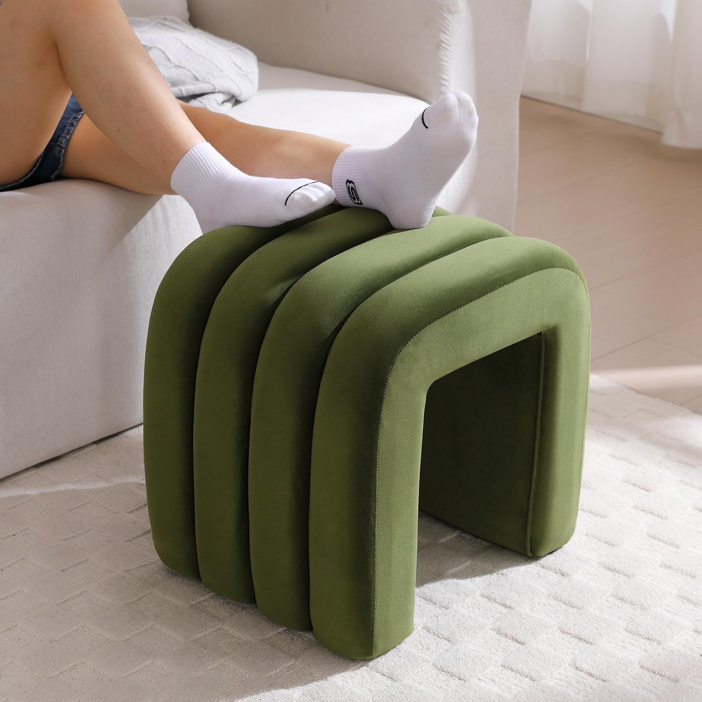 Scingu Multi-Functional Ottoman Stool, Footrest for Couch, Modern Vanity Stool for Make-up Room, Living Room and Entryway, Small Cute Footstool (Olive Green Velvet)