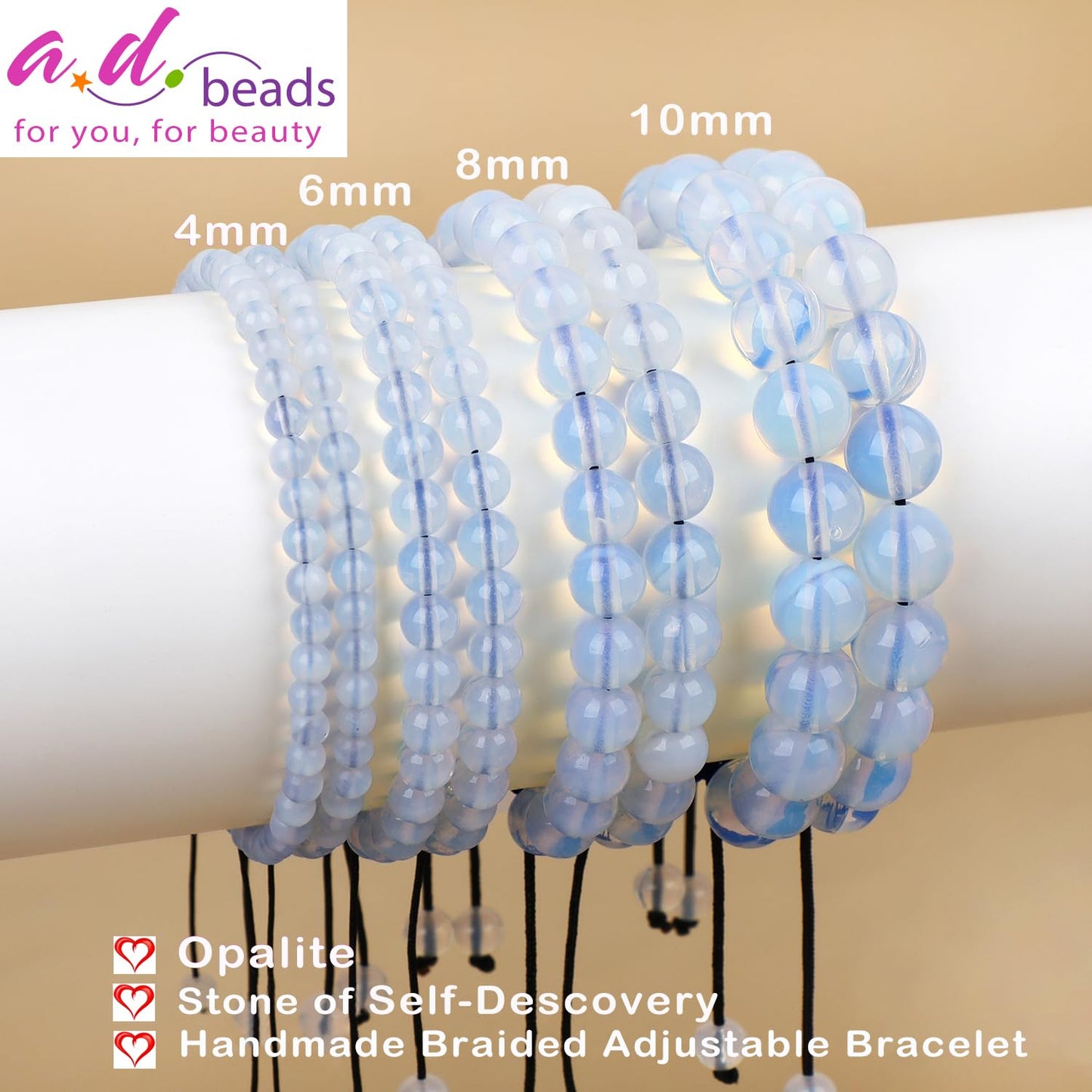 AD Beads 8mm Opalite - Self-Descovery - Handmade Natural Stone Crystal Bracelet with Adjustable Macrame String - Yoga Healing Power Energy Gifts for Men and Women