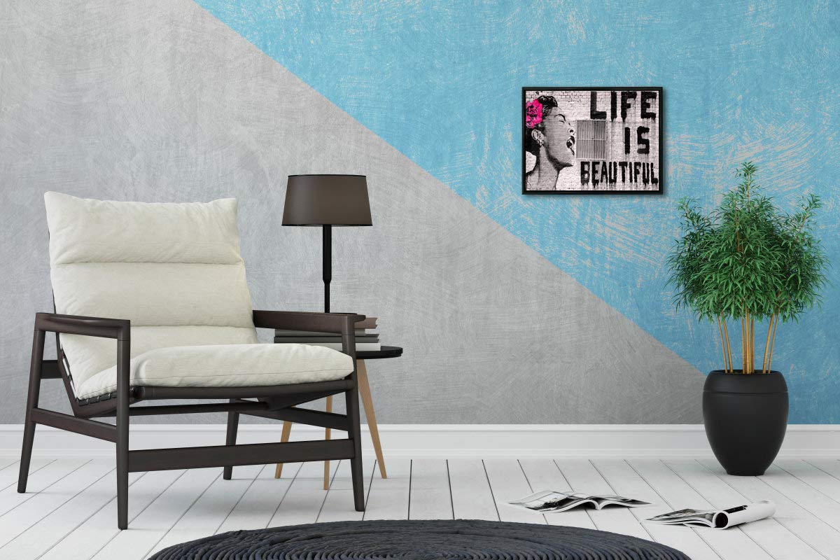 Wieco Art Framed Wall Art Canvas Prints of Banksy Life is Beautiful Abstract Artwork for Wall Decor Room Decorations Black Frame
