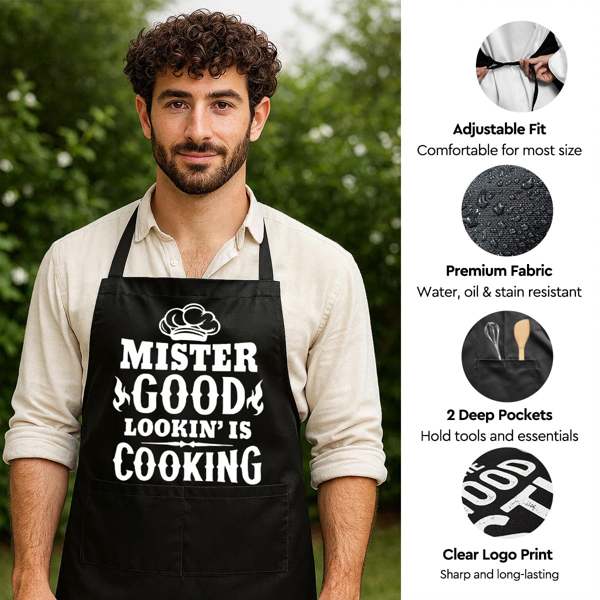Mr Goodlookin' is Cookin,Funny BBQ Grilling Cooking Chef Aprons for Men,Dad,Boyfriend,Farther,Grandpa,Friend,Chef Apron with 2 Pockets,Kitchen Gifts for Men,Chef Gifts for Birthday Christmas