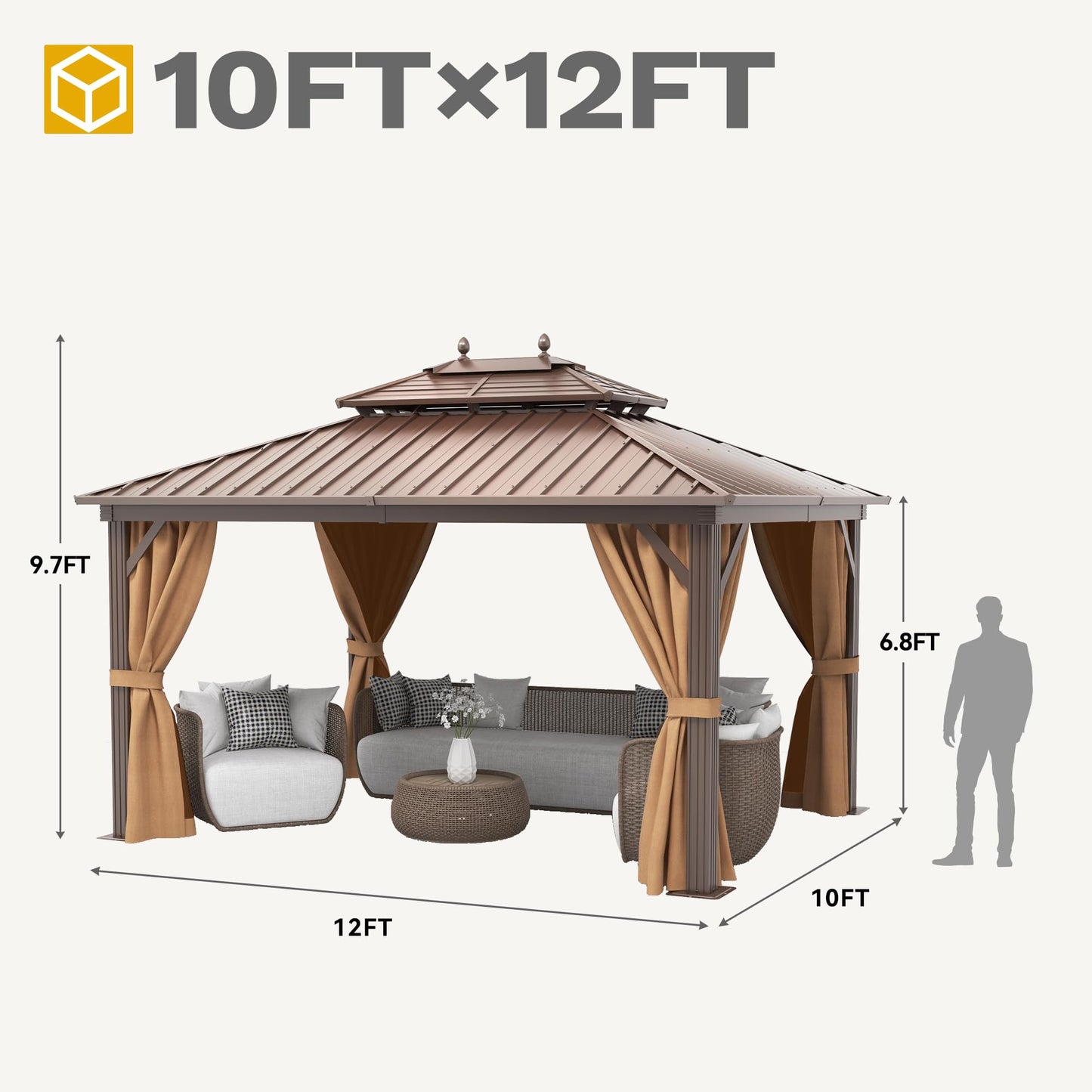 DWVO 10x12ft Hardtop Gazebo Heavy Duty Double Roof Galvanized Steel Outdoor with Nettings and Curtains, Combined of Horizontal Vertical Stripes Roof for Patio, Backyard, Deck, Lawn, Bronze