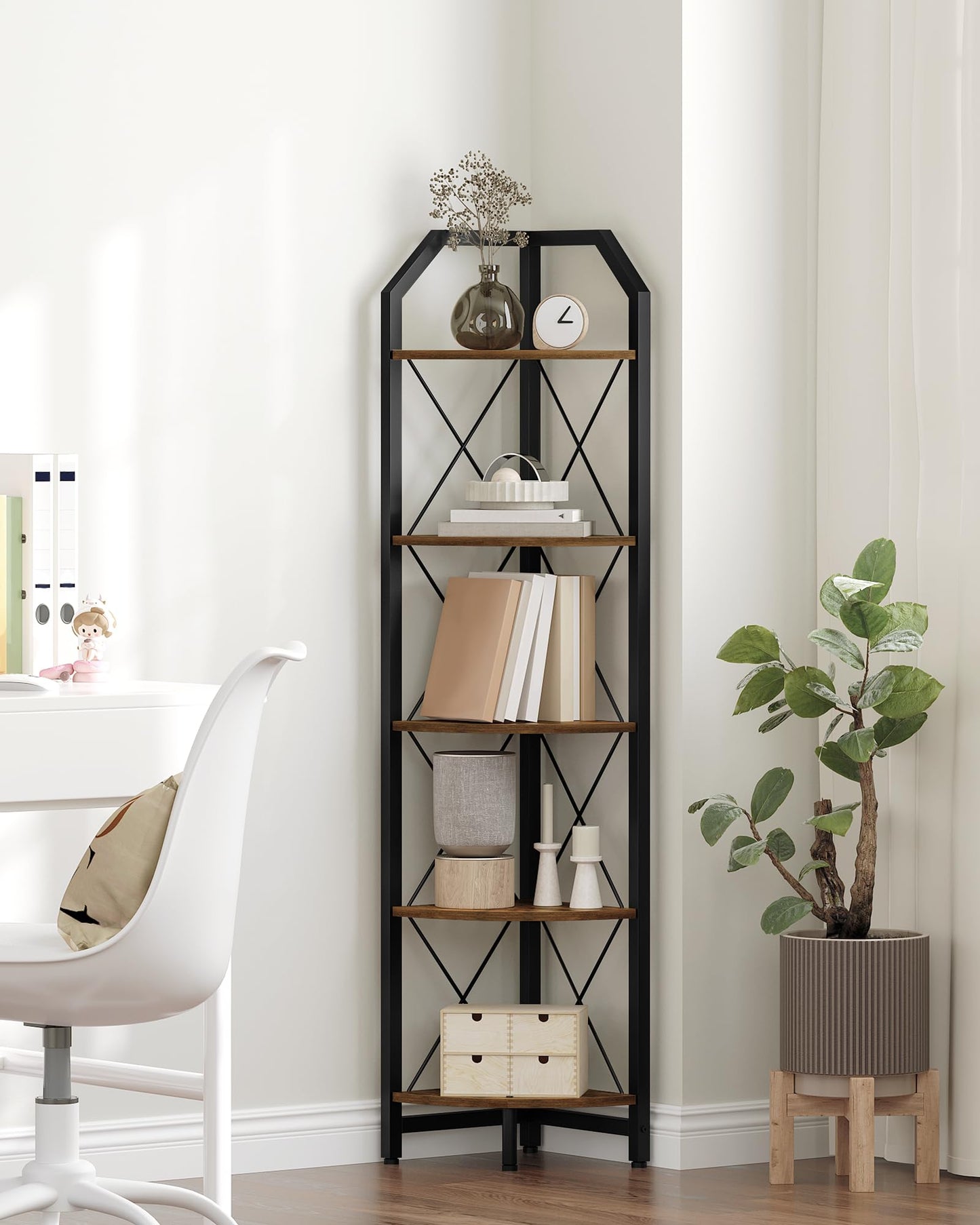 CHOEZON 59.4" Corner Shelf, 5-Tier Industrial Corner Bookshelf, Corner Storage Stand, Plant Stand Display Shelf, Bookcase for Bedroom, Living Room, Home Office, Rustic Brown and Black TCJ10BF