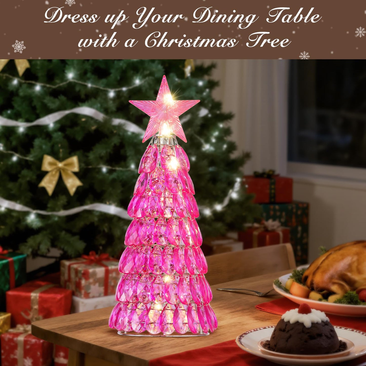 Lewondr Christmas Tree Lamp, 12 Inch Battery Powered Crystal Tabletop Lighted Christmas Decorative Light LED Lamp, Luxury Handmade Glittering Xmas Tree Table Decoration for Home Party Gift, Pink