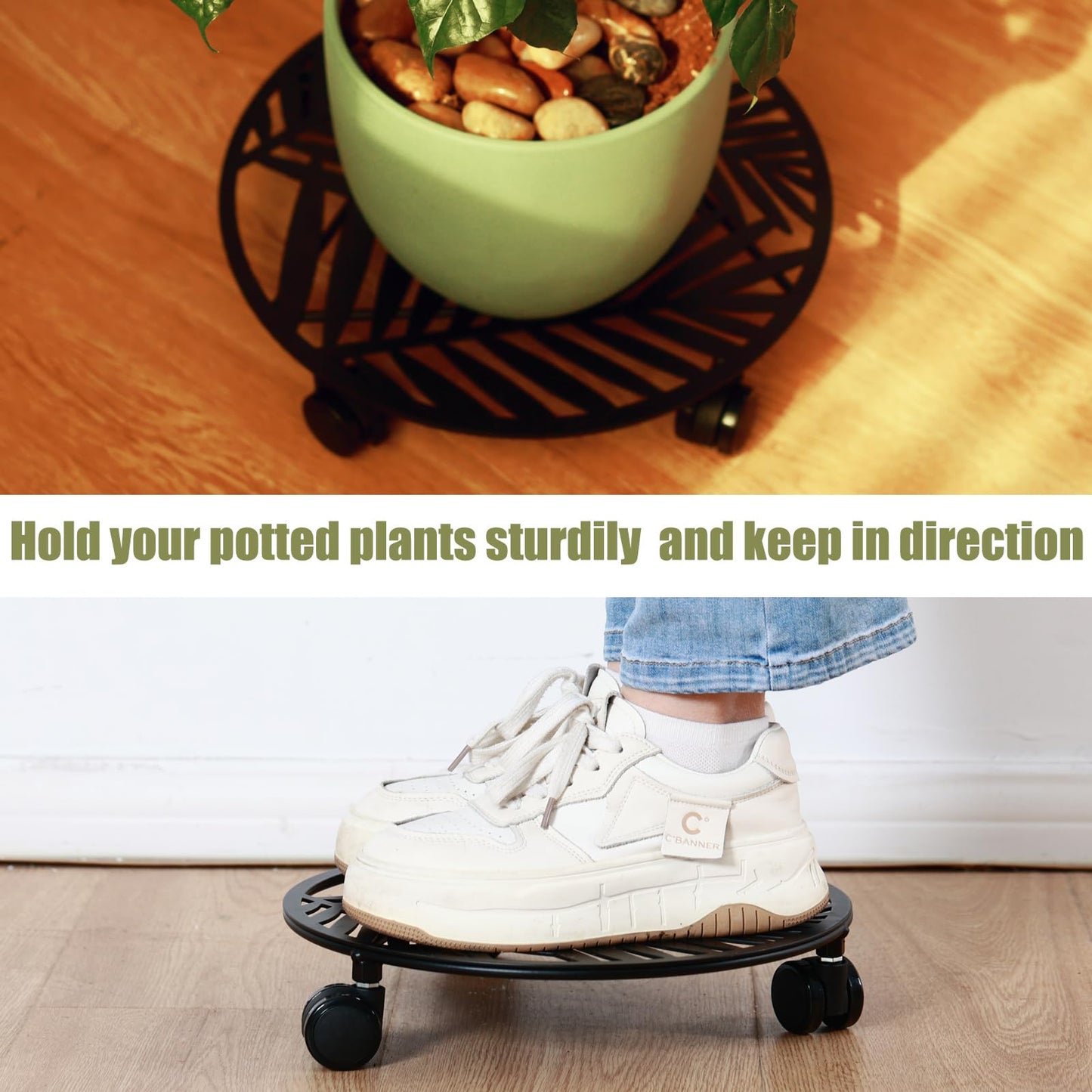 3 Packs Large Metal Plant Caddy with Wheels 13" Rolling Plant Stands Heavy-duty Wrought Iron Roller Planter Movers Indoor Outdoor Wheeled Plant Dolly with Casters Tray Coaster, Slender leaves