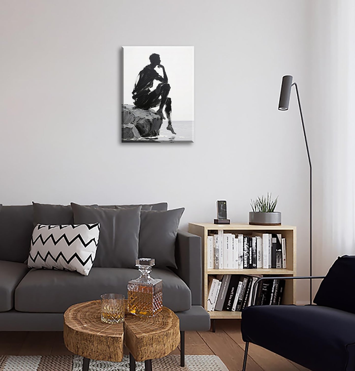 Black White Abstract Figure Wall Art Decor Modern 3D Textured Black White Grey Pictures Poster Minimalist Abstract People Canvas Painting Prints Artwork for Living Room Bedroom Framed 12x16 Inch