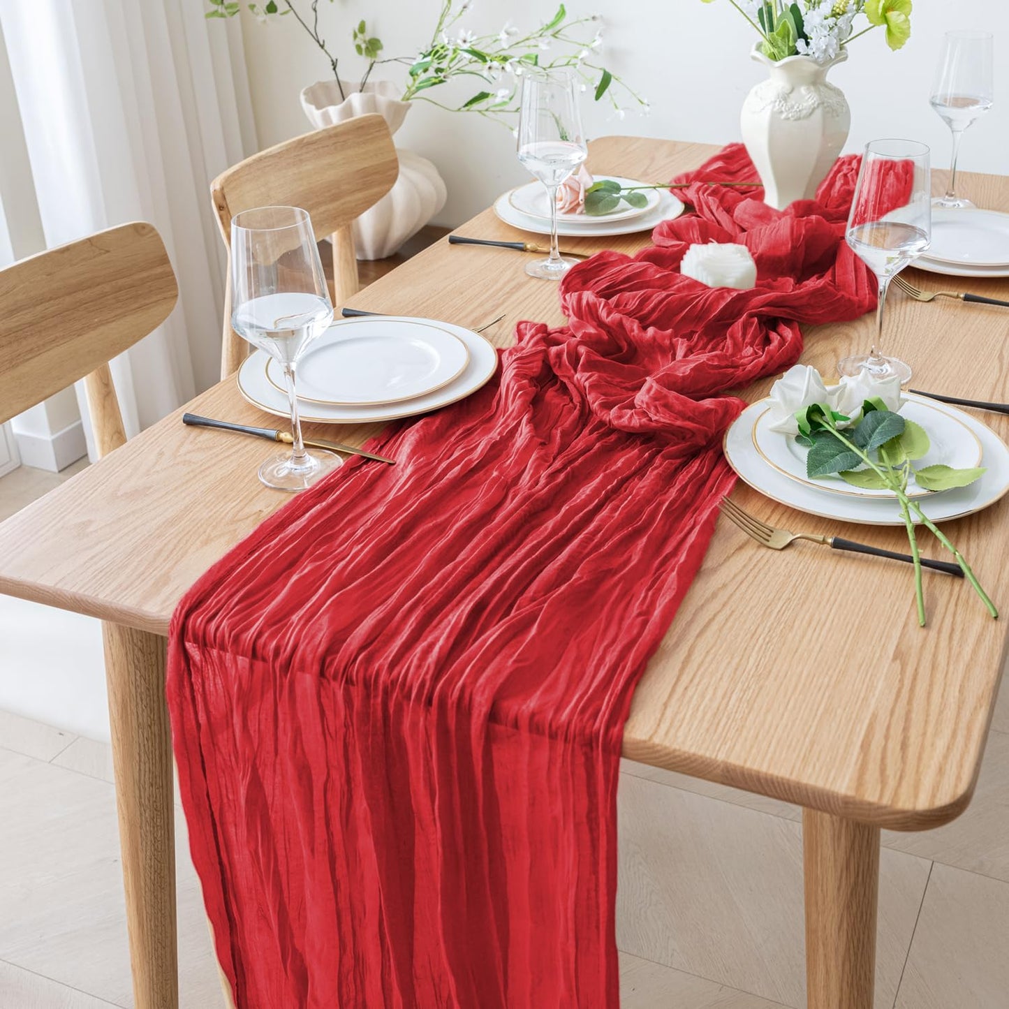 Xiomot Table Runner Cheesecloth 10FT Red Boho Gauze Cheese Cloth Rustic Sheer Table Runners for Wedding Birthday Bridal Baby Shower Party Decoration