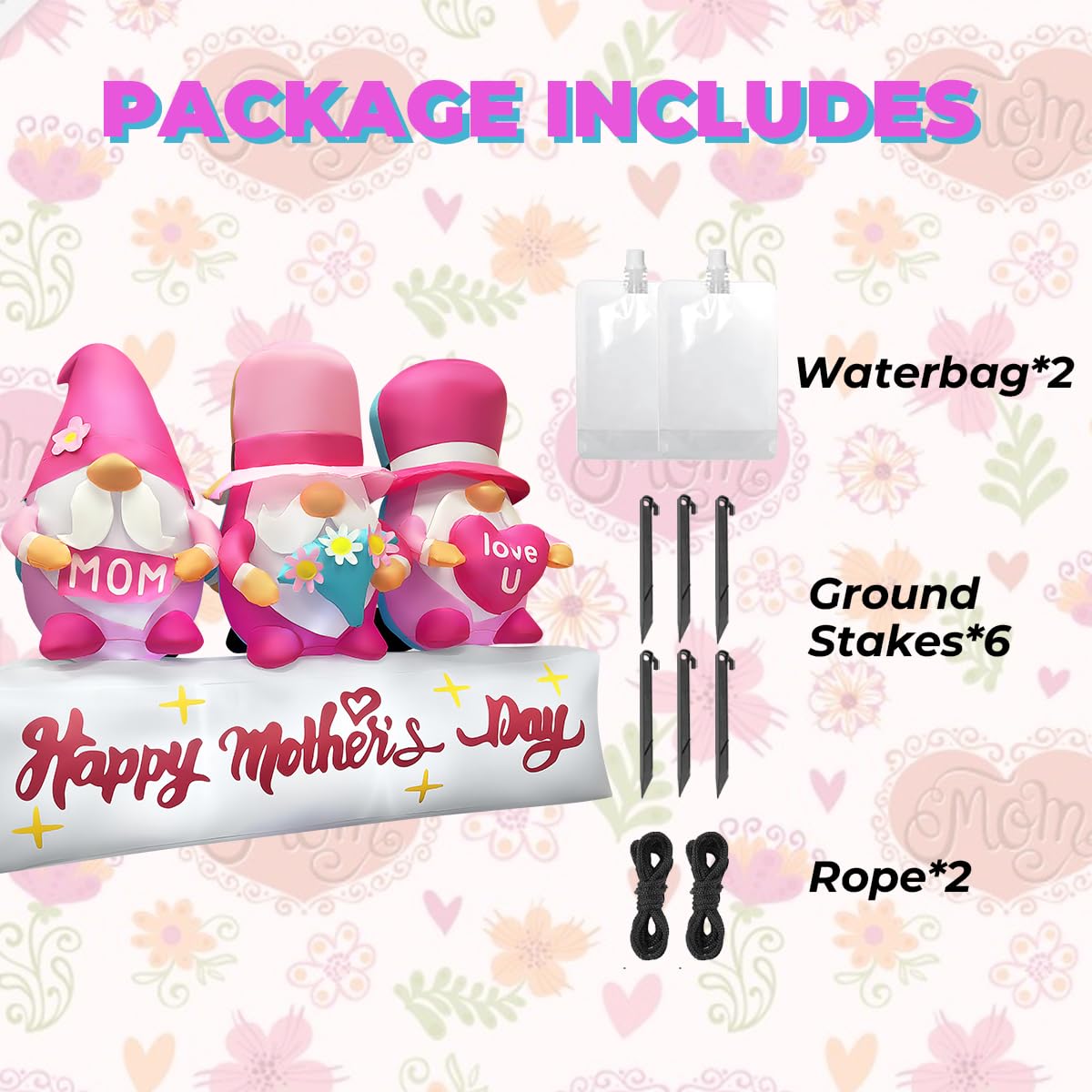 bbioc 7FT Long Inflatable Happy Mother's Day Decorations, Father's Day Inflatable Double Side Decorations, Three Gnomes Built-in LED Lighted Blow Up Decoration Home Yard Outdoor Indoor Decor