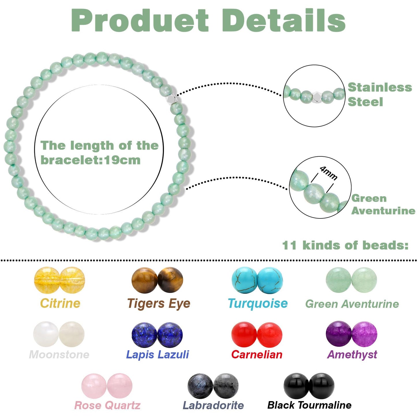 Raicegs 4MM Aventurine Beaded Bracelets Healing Crystal Bracelet for Women Men Natural Stone Handmade Stretch Bracelet Reiki Spiritual Jewelry