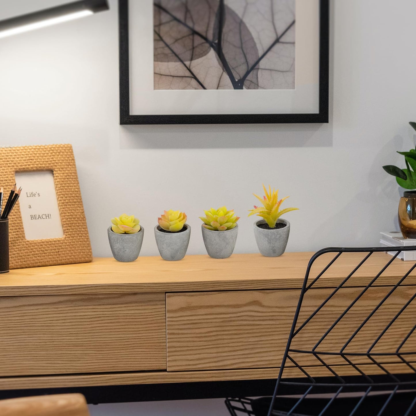 LUZOGA Set of 4 Small Yellow Fake Succulent Plants - Mini Artificial Succulents for Bathroom, Living Room, Office Desk, Coffee Table, Kitchen Shelves - Aesthetic Indoor Shelf Decor