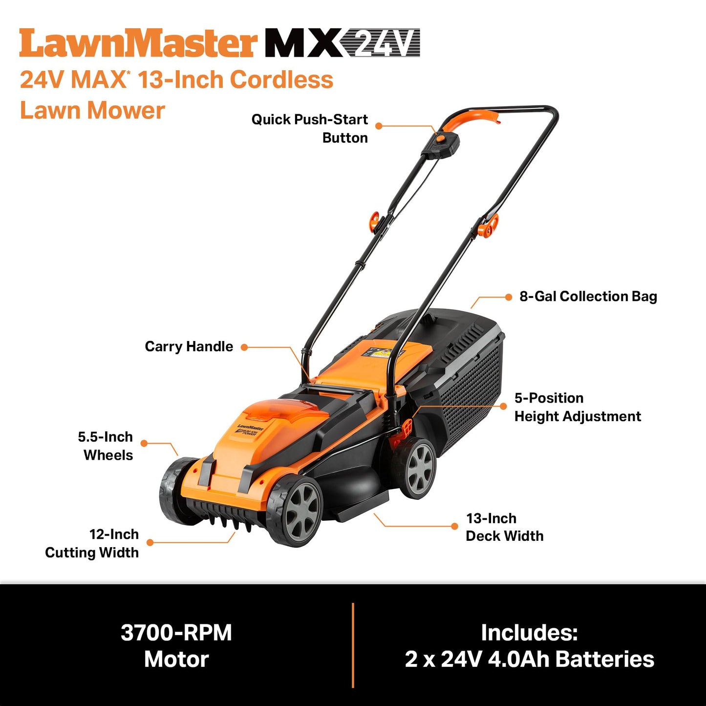 LawnMaster CLM2413A Cordless 13-Inch Lawn Mower 24V Max with 2X4.0Ah Battery and a Charger