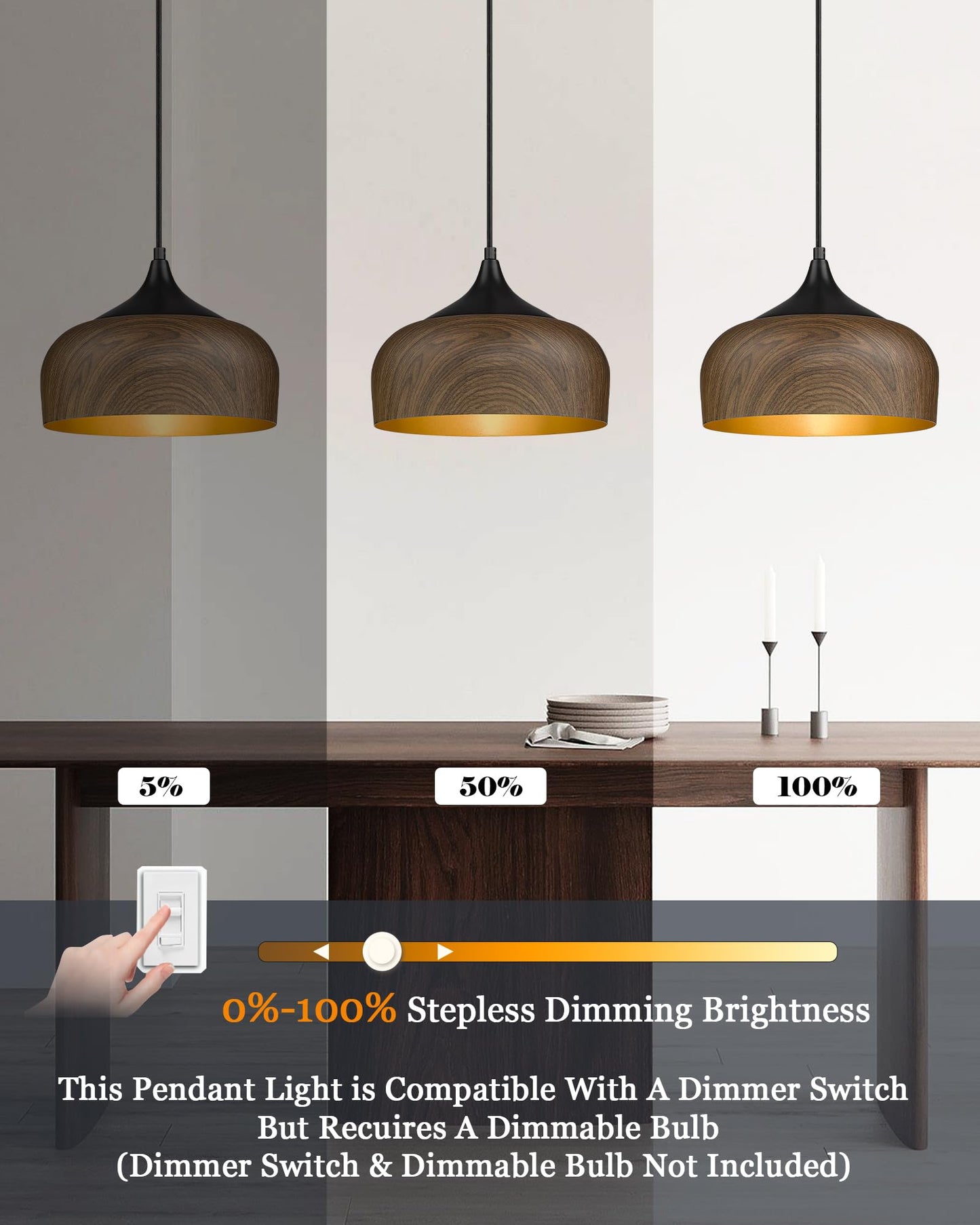 ELYONA Modern Pendant Light Walnut Wooden Pattern Dome Pendant Light Fixture Matte Black Metal Gold Inner Finish Adjustable Hanging Lighting for Kitchen Island Dining Room Office Hallway Foyer Bedroom