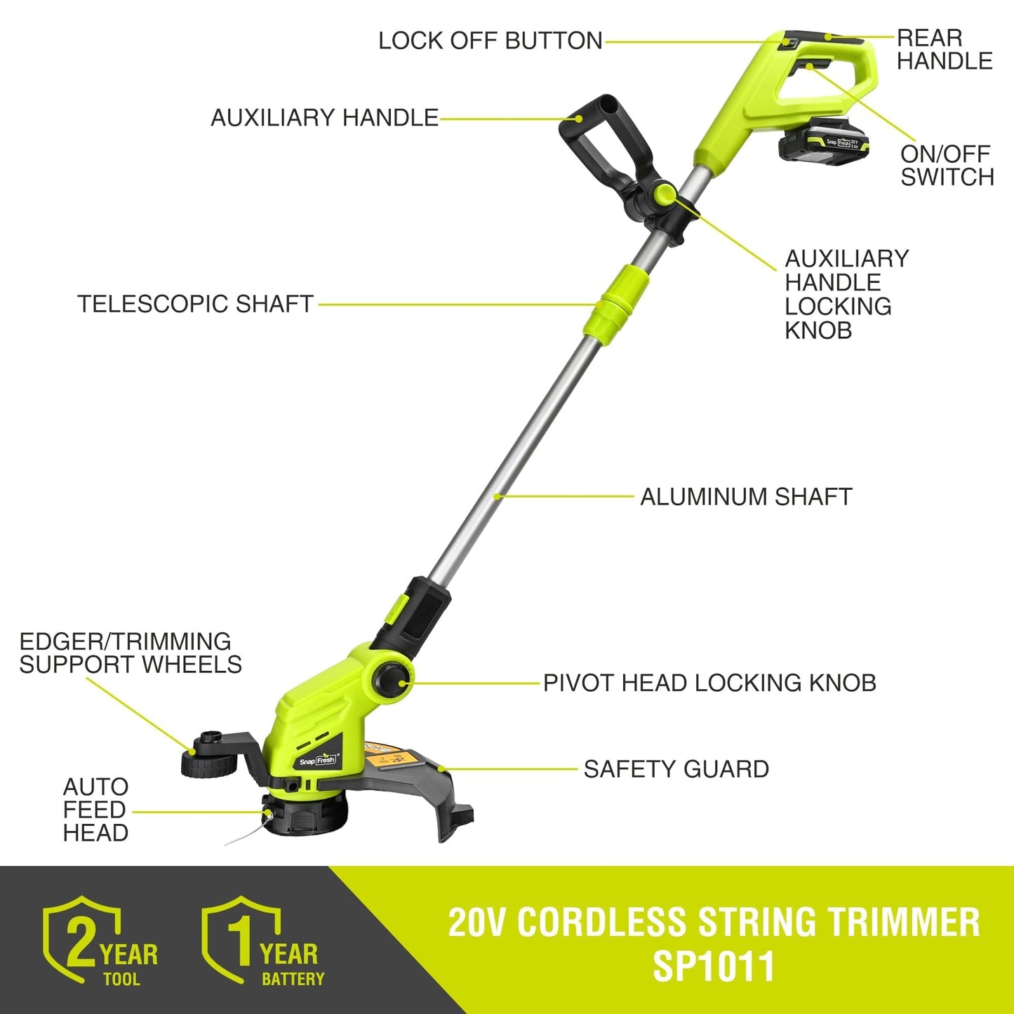 SnapFresh 20V Cordless String Trimmer, 12" 2-in-1 Weed Wacker and Lawn Edger with Wheels, 8000 RPM Auto Feed Spool, 2.0Ah Battery and Fast Charger Included, Lightweight Battery Powered Weed Eater