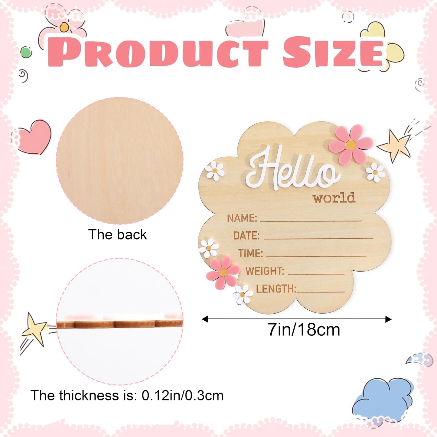Hello World Newborn Sign - Wooden Baby Name Announcement Board, Daisy Design, Gender Neutral Nursery & Hospital Photo Props Keepsake Gift