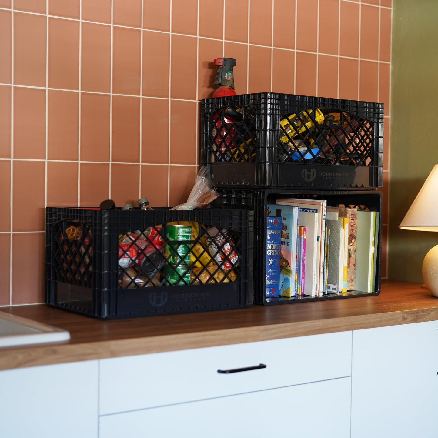 HORSESHOE STORAGE Stackable Milk Crates, 3 Pack, Kitchen Work Commercial Garage Totes, 24 Quart, Heavy Duty Plastic, Black, 19" L x 13" W 11" H