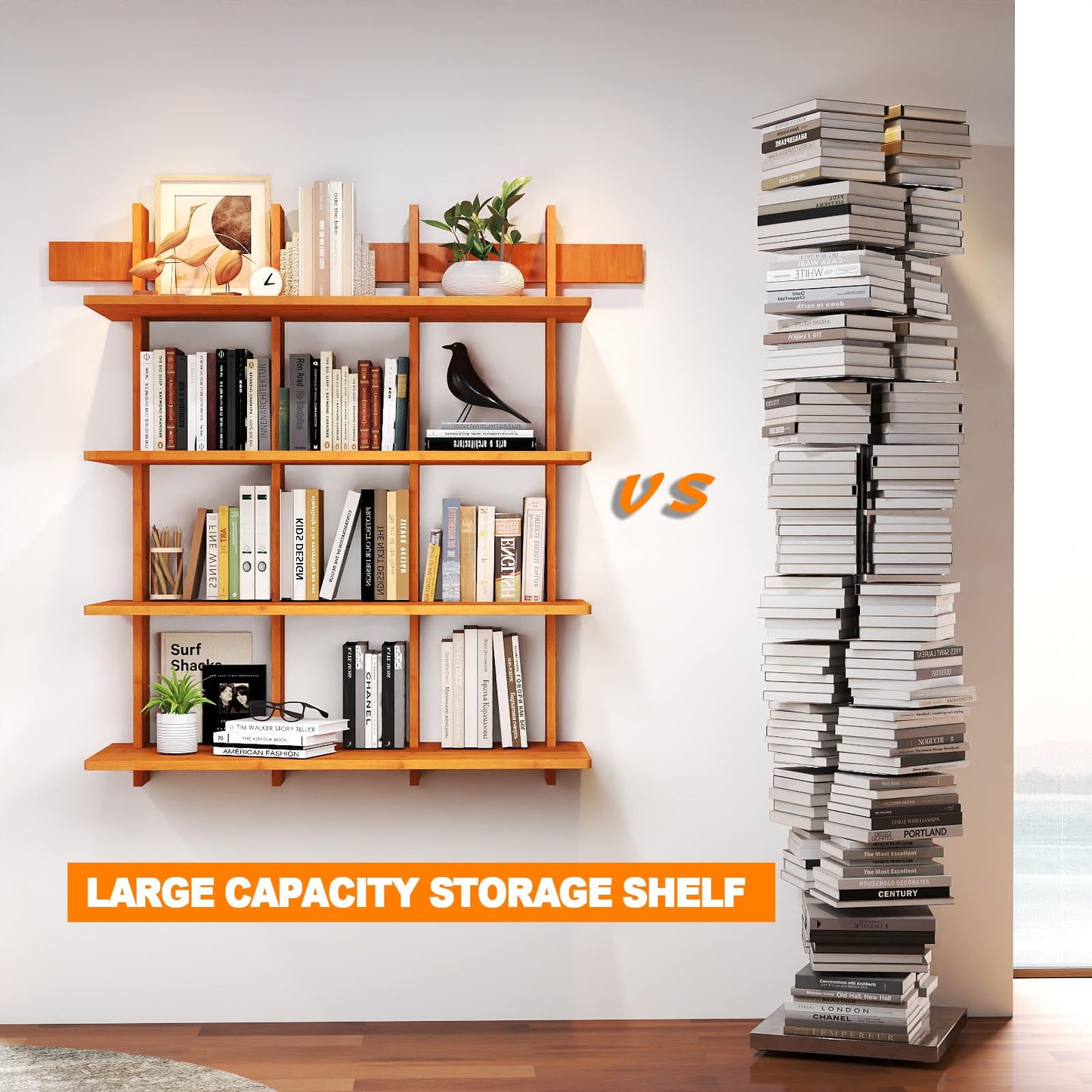 Raykion Bookshelf 4 Tier Wall Mounted Display Shelf, Space-Saving Floating Bamboo Bookcase Heavy Duty 600lbs, Storage Organizer for Living Room Bedroom Office, 43" W x 52" H