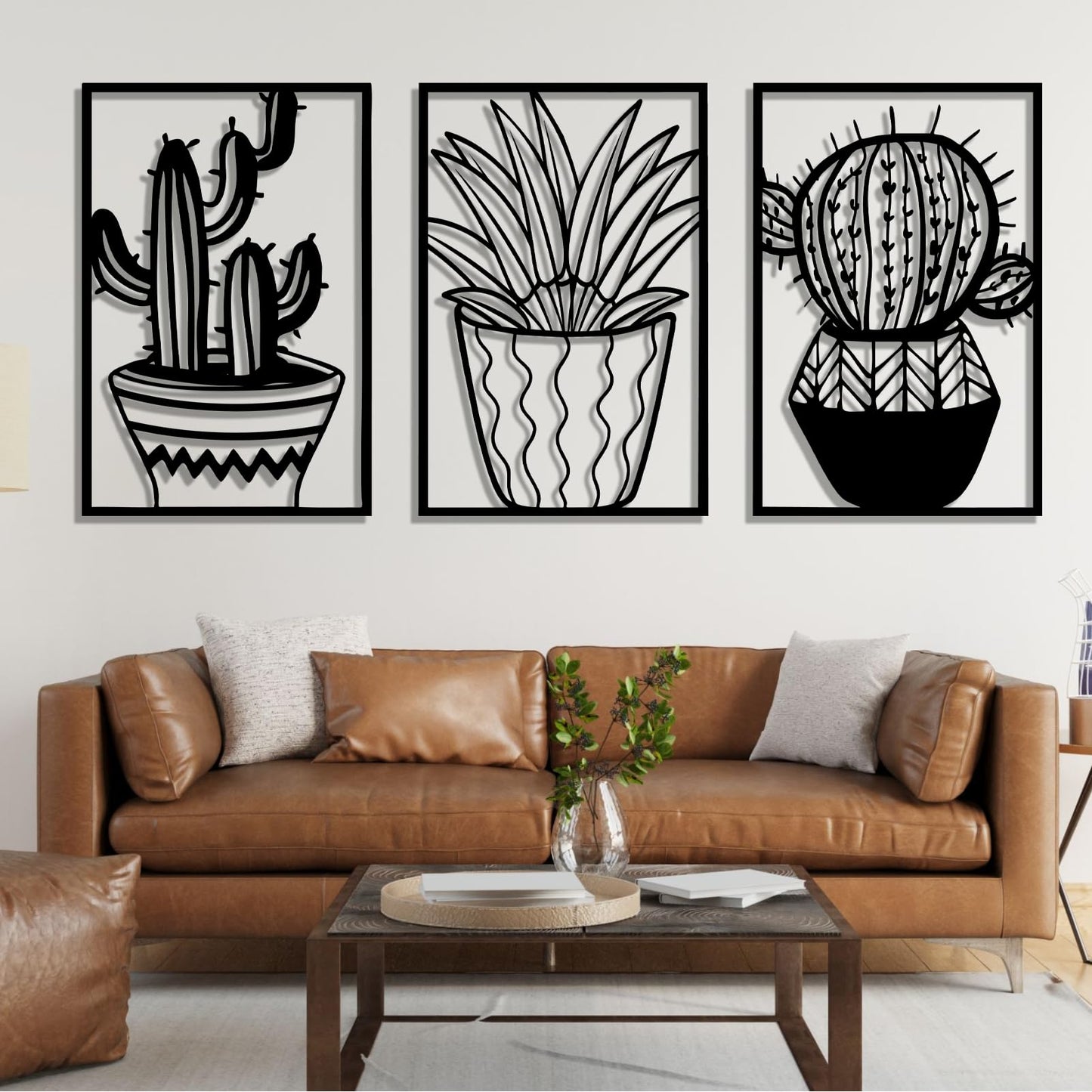 Metal Cactus Wall Decor, 3 Pcs Cactus Wall Art, Southwest Desert Wall Art, Large Plant Wall Decor, Natural Themed Metal Wall Hanging, Wall Art for Living Room, Yard, Outdoor (Black, 53"x105" | 134x270cm, metal wall art)