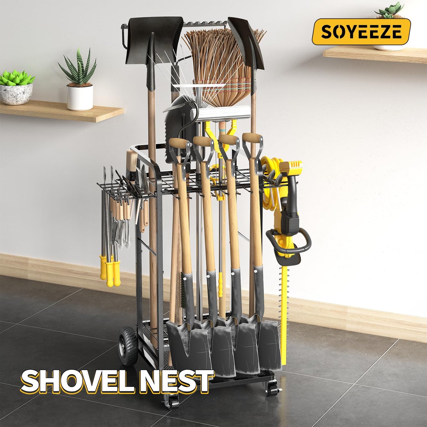 SOYEEZE Garden Tool Organizer with Large Wheels, Heavy Duty 3-Tier Yard Tower Tool Rack for Garage, Holds Up to 35 Long-Handled Tools, Garden Tool Cart with 12 Hooks for Tool Organization Storage